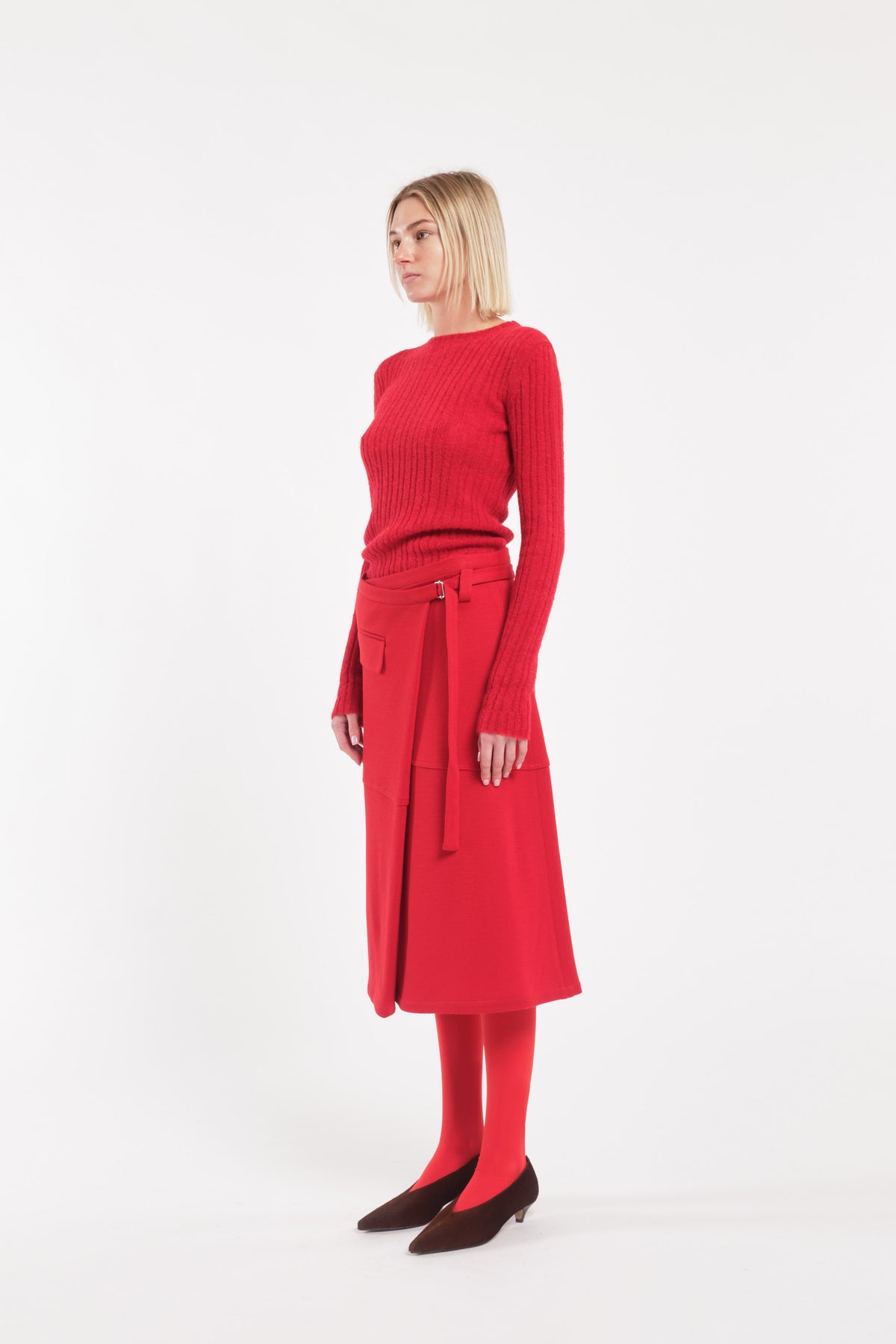 Wool Jersey Asymmetric Wrap Midi Skirt In Bright Red