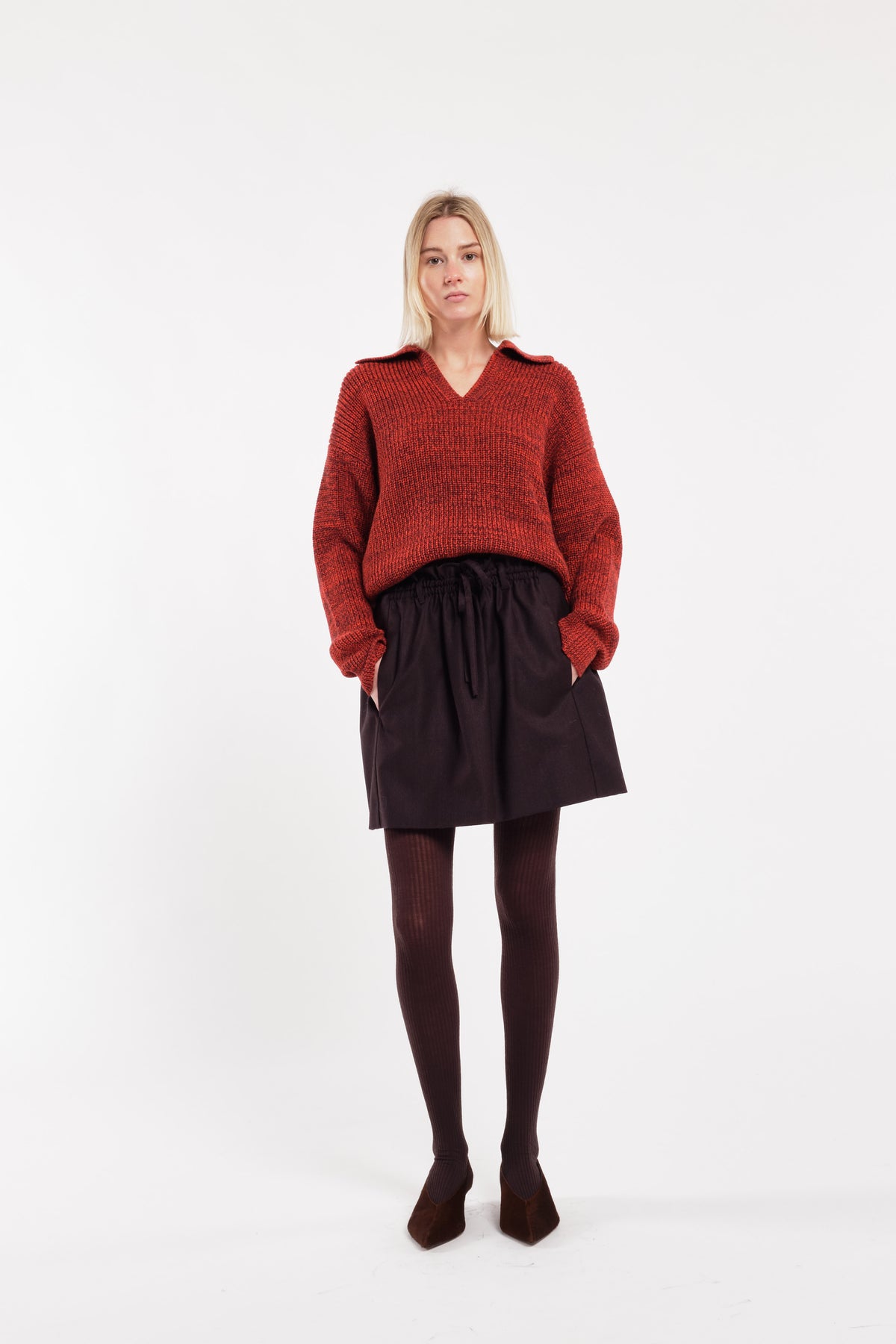 Red Mélange Wool V-Neck Polo Sweater