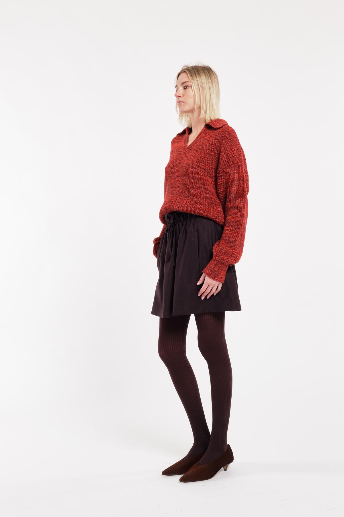 Red Mélange Wool V-Neck Polo Sweater