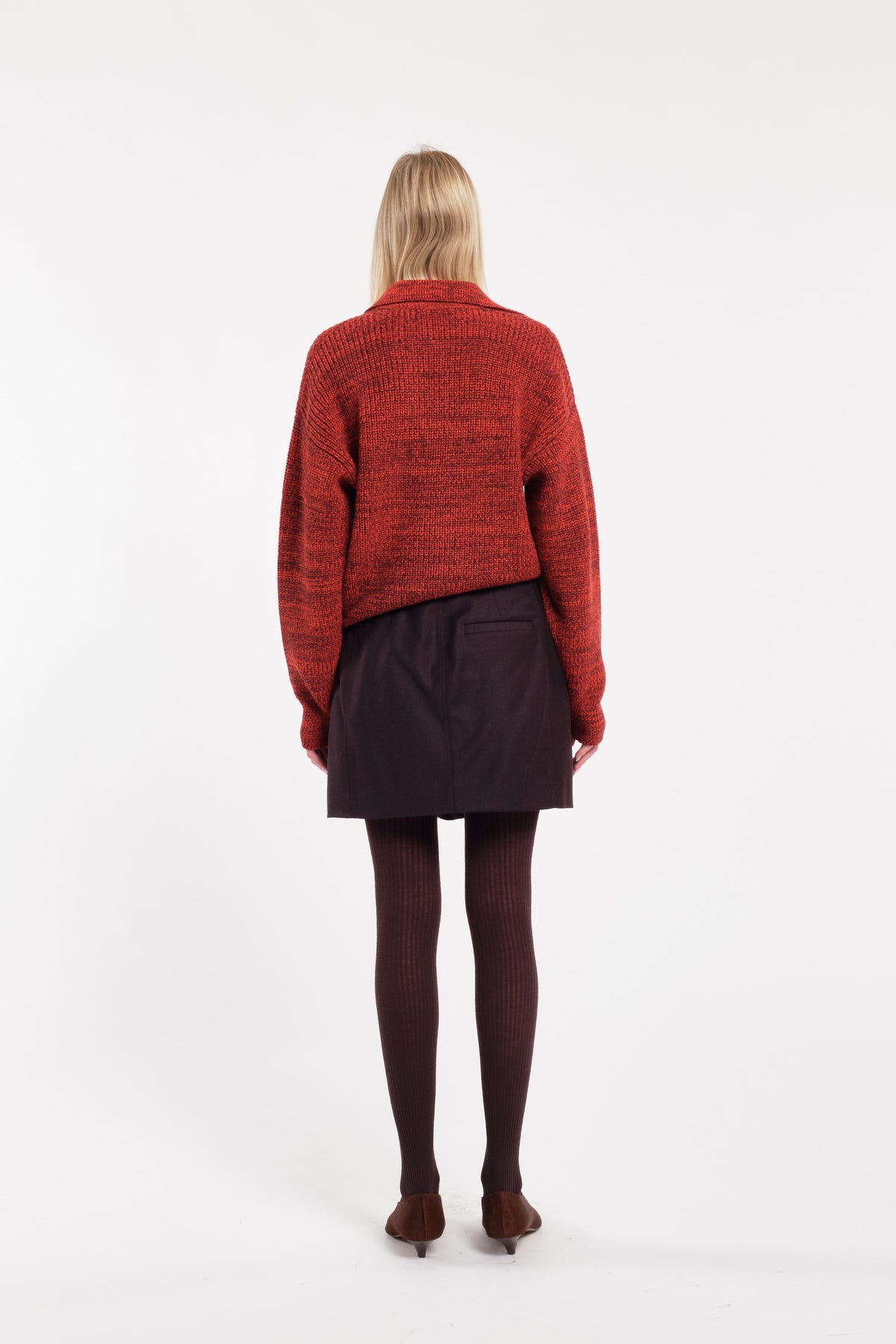 Red Mélange Wool V-Neck Polo Sweater