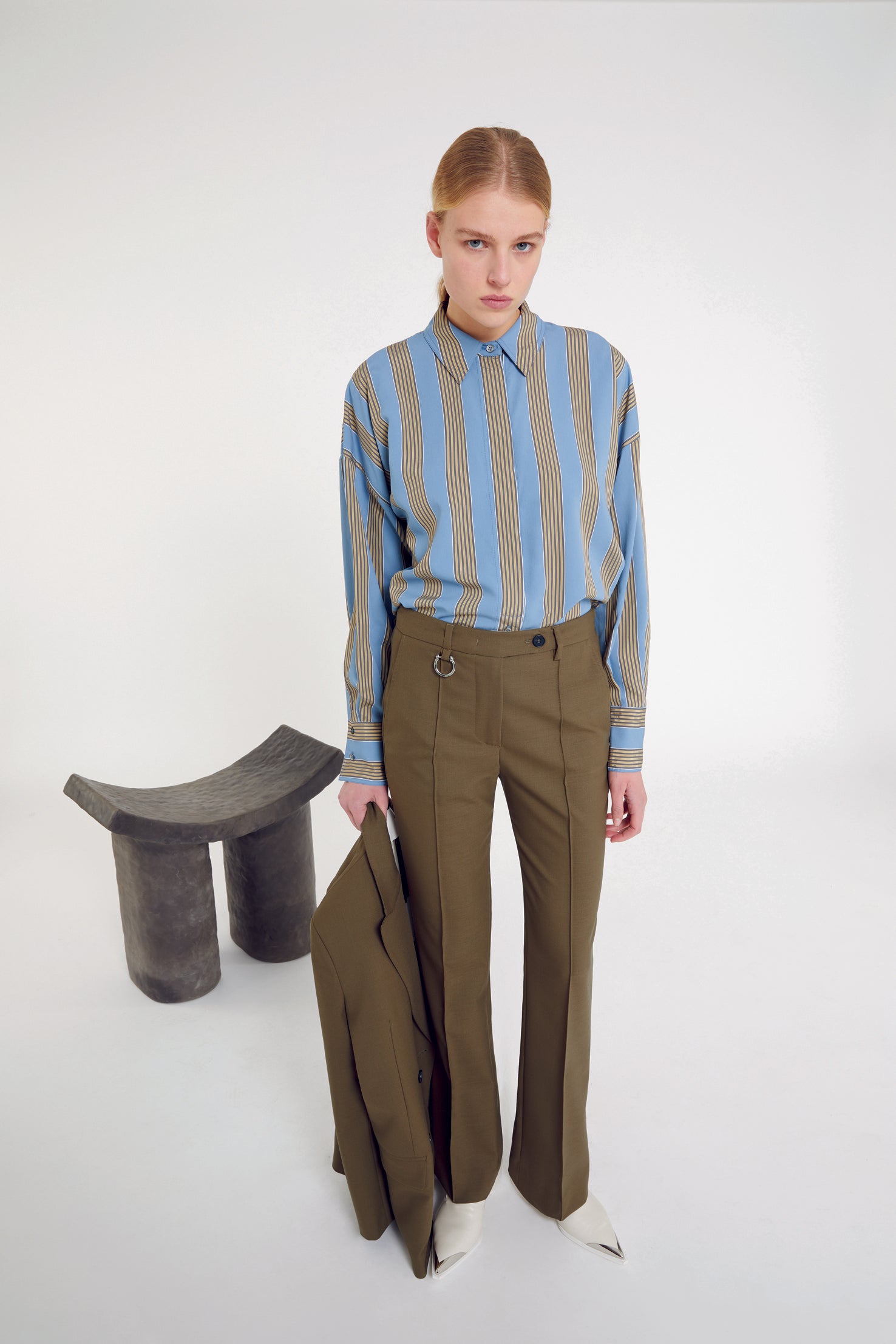 Green Flared Trousers In Technical Wool