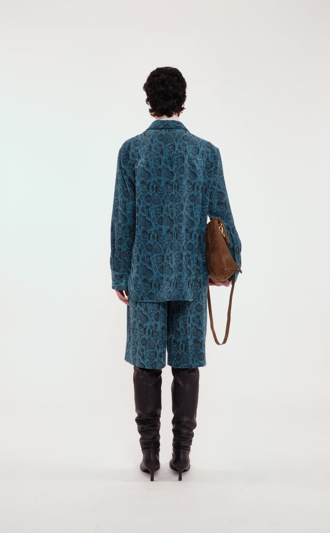 Teal Blue Snakeskin-Print Shirt With Front Buttons