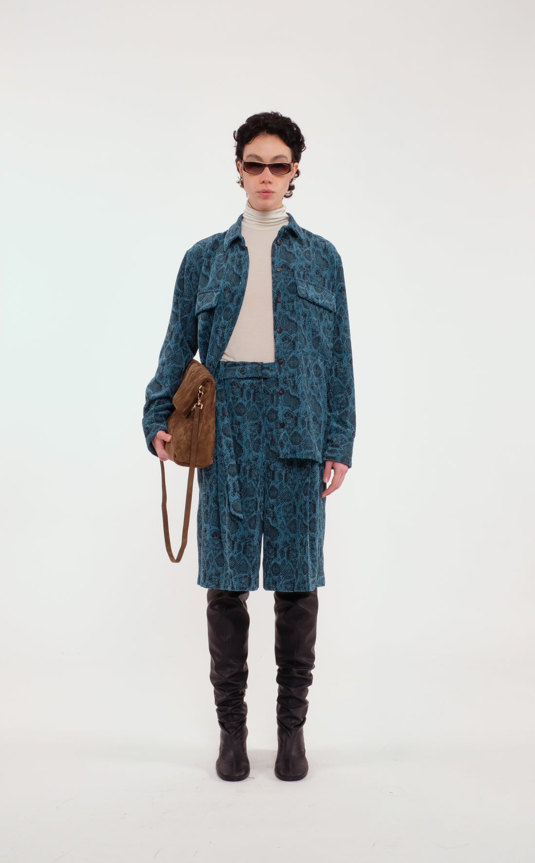 Teal Blue Snakeskin-Print Shirt With Front Buttons