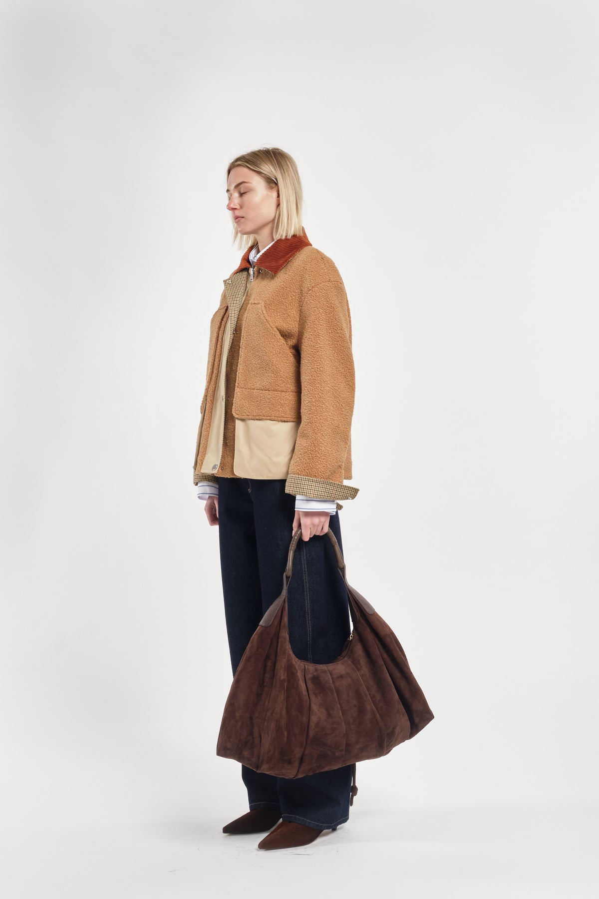 Brown Suede Shopper Bag With Leather Handle