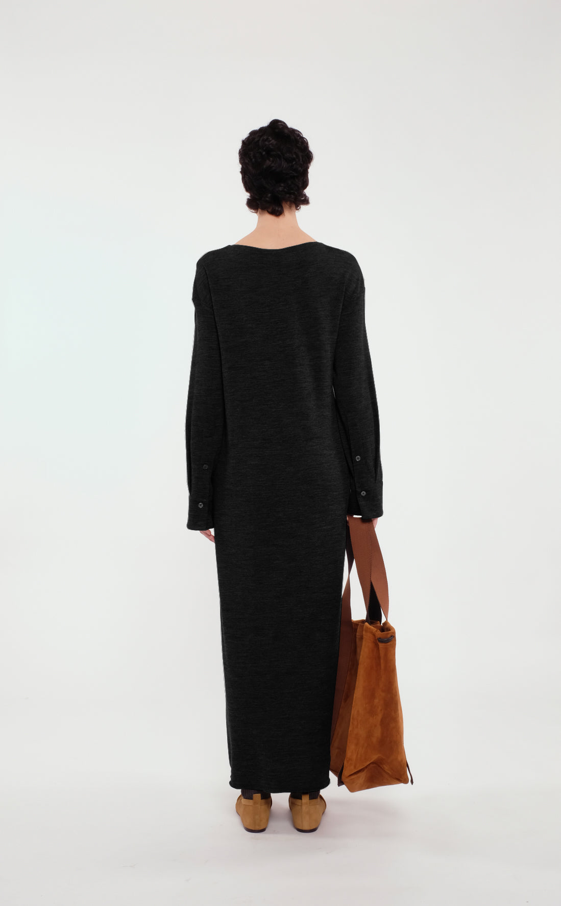 Maxi Long-Sleeve Black Wool Dress With Crossover Detail