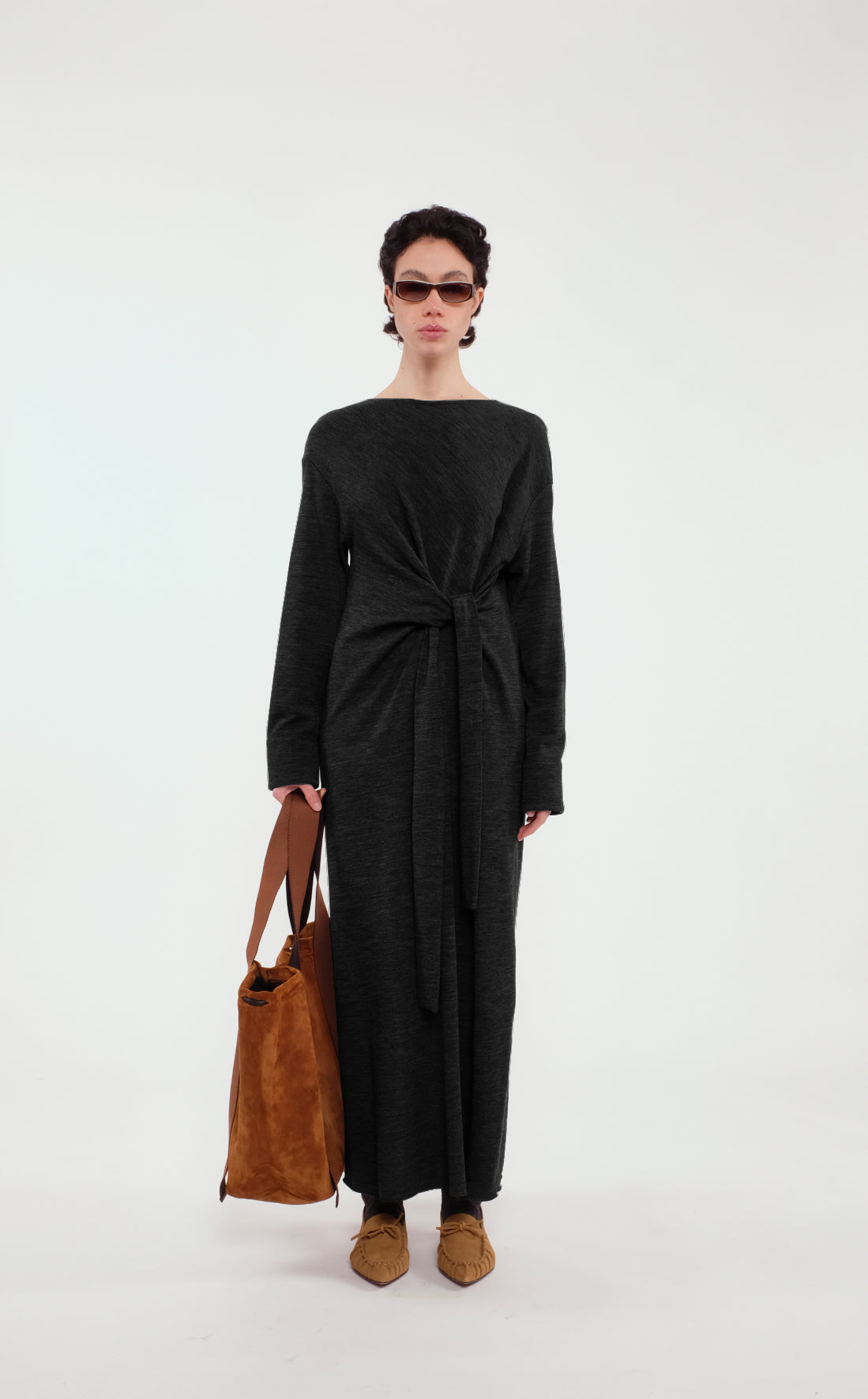 Maxi Long-Sleeve Black Wool Dress With Crossover Detail
