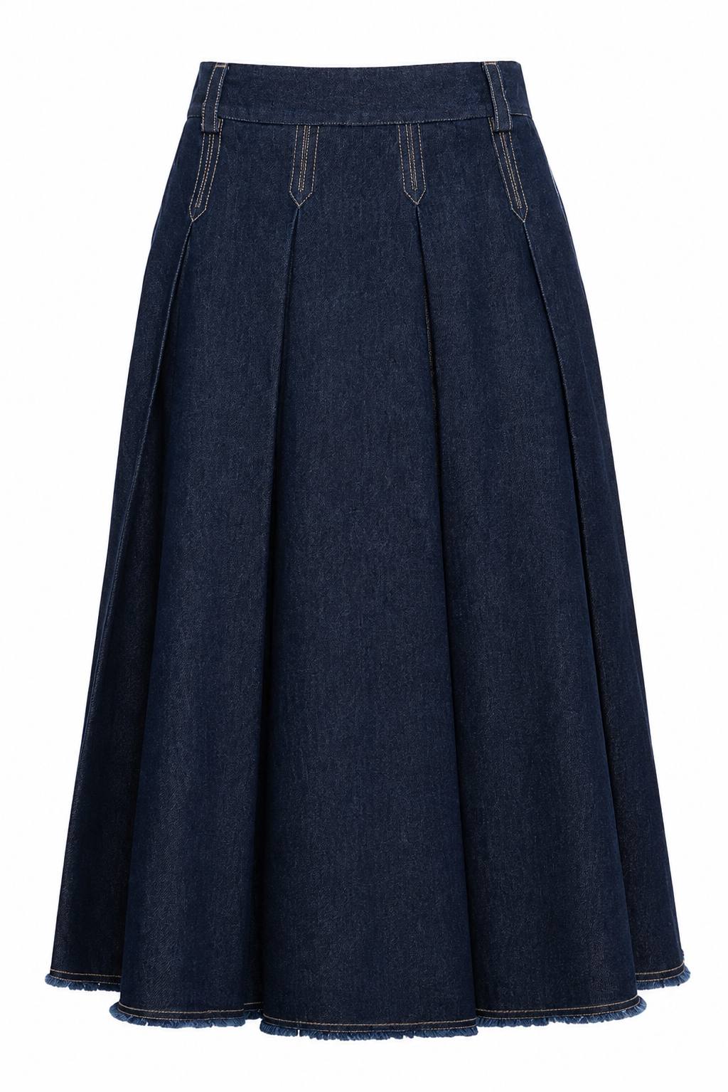 Gonna midi a pieghe in denim blu scuro a taglio vivo