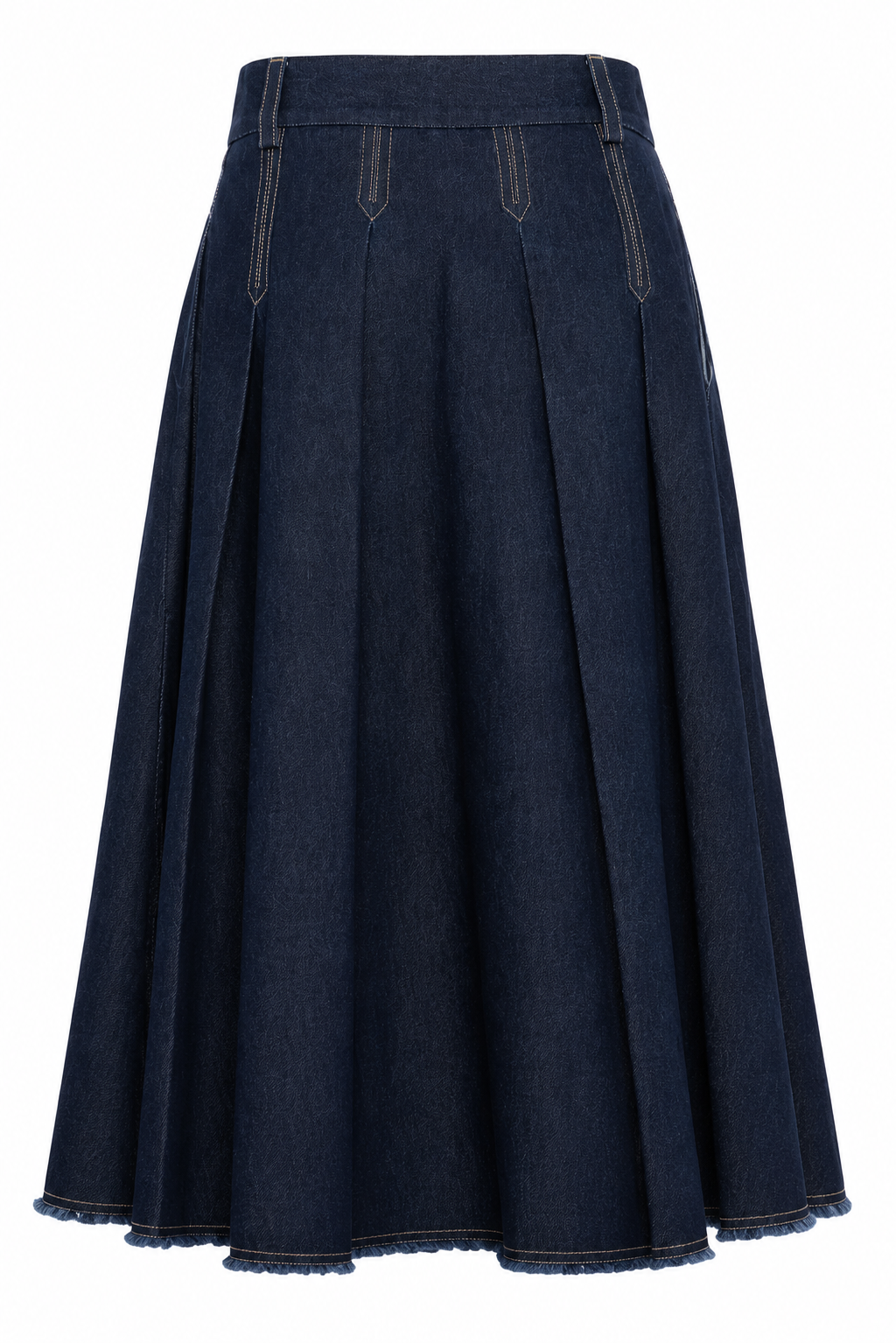 Dark Blue Denim Pleated Midi Skirt With Raw Edge Detail