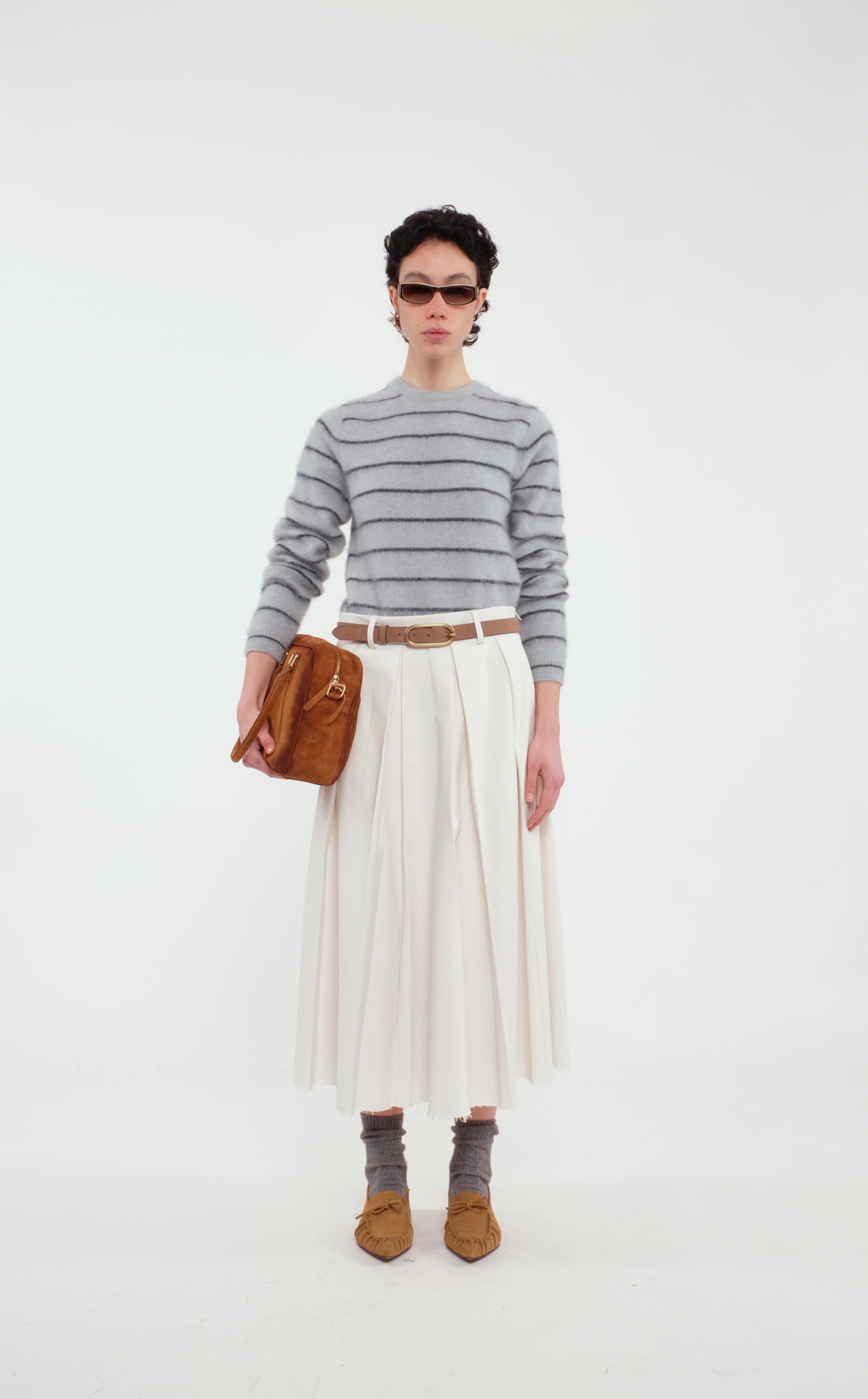 White Cotton Pleated Midi Skirt