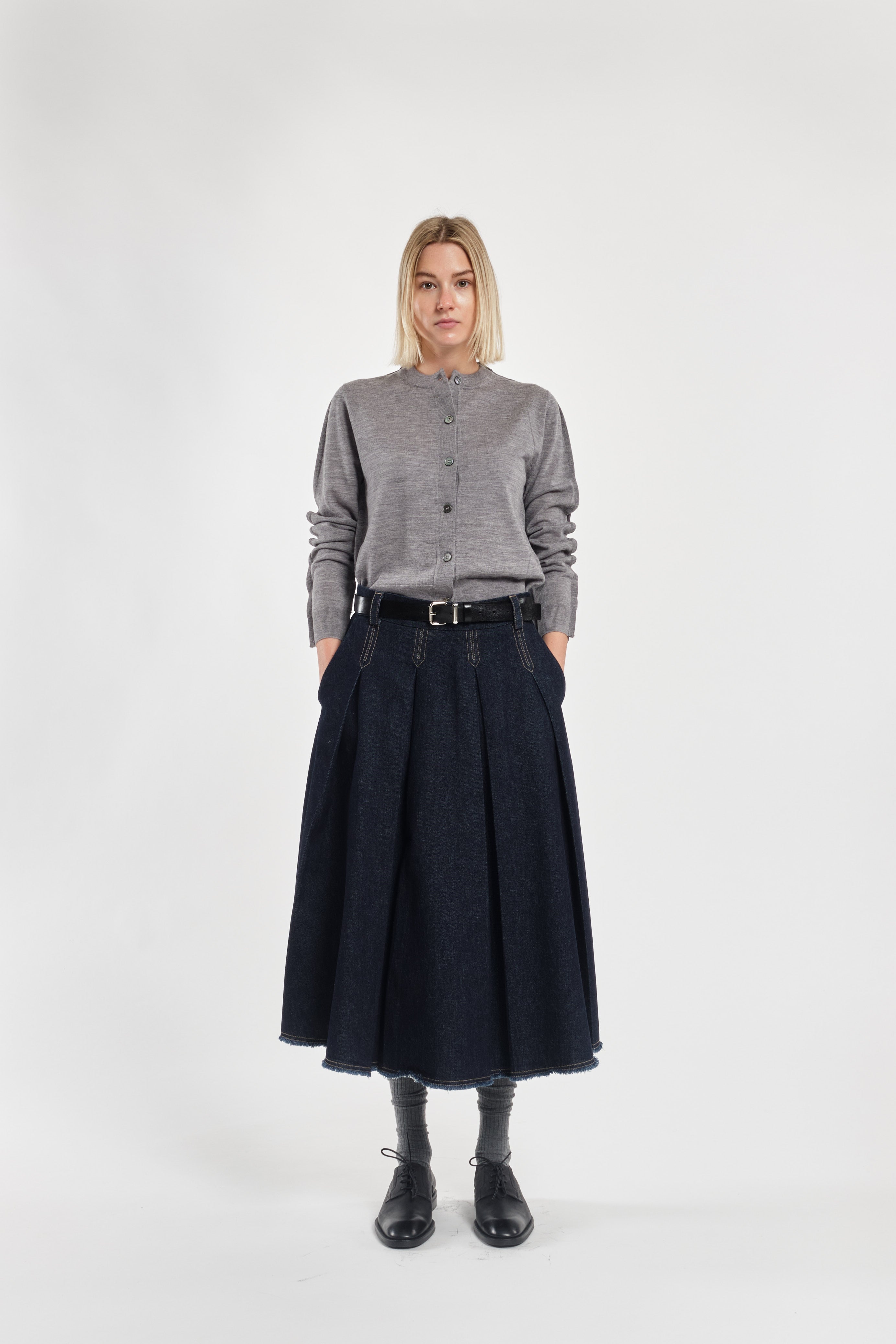 Dark Blue Denim Pleated Midi Skirt With Raw Edge Detail