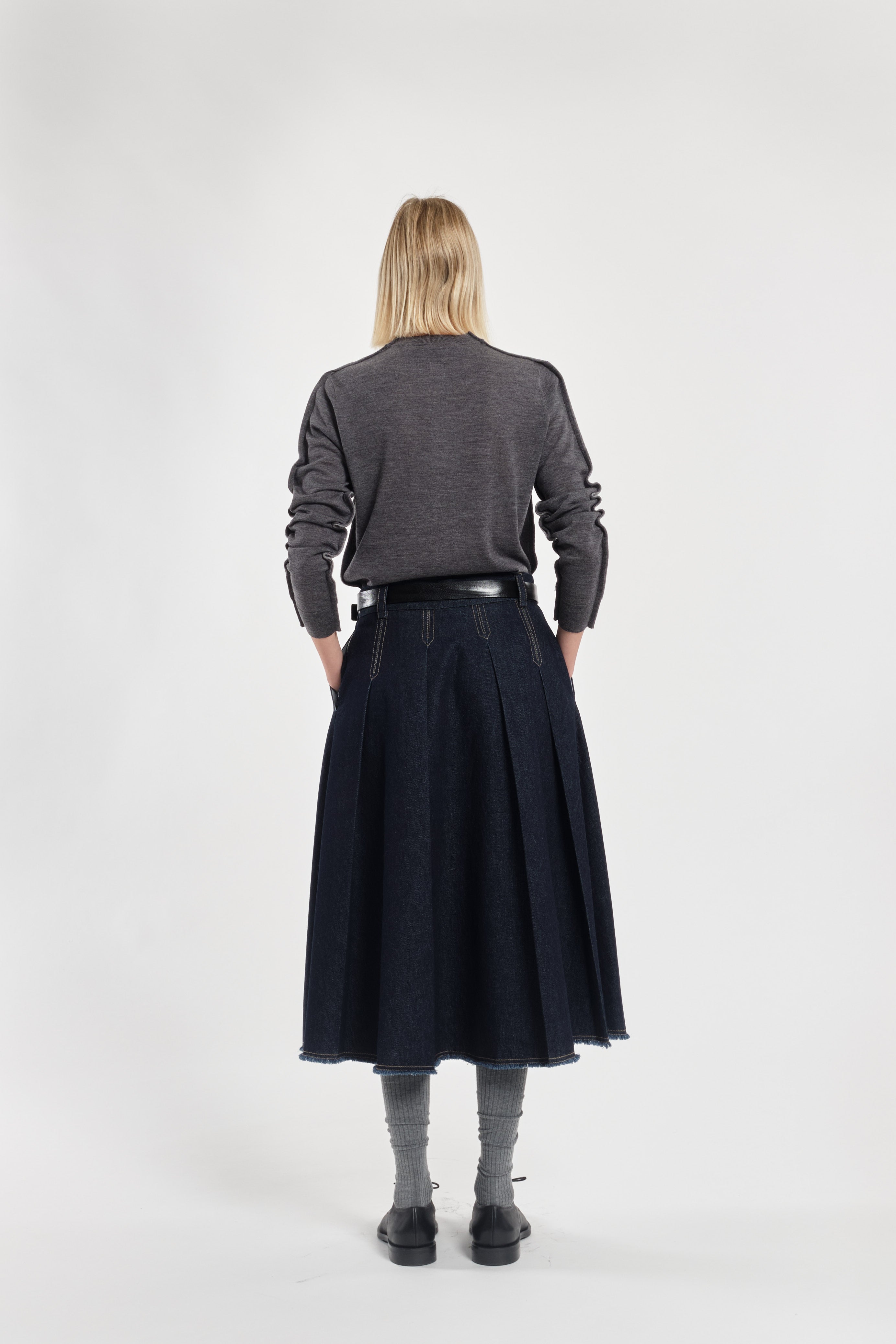 Dark Blue Denim Pleated Midi Skirt With Raw Edge Detail