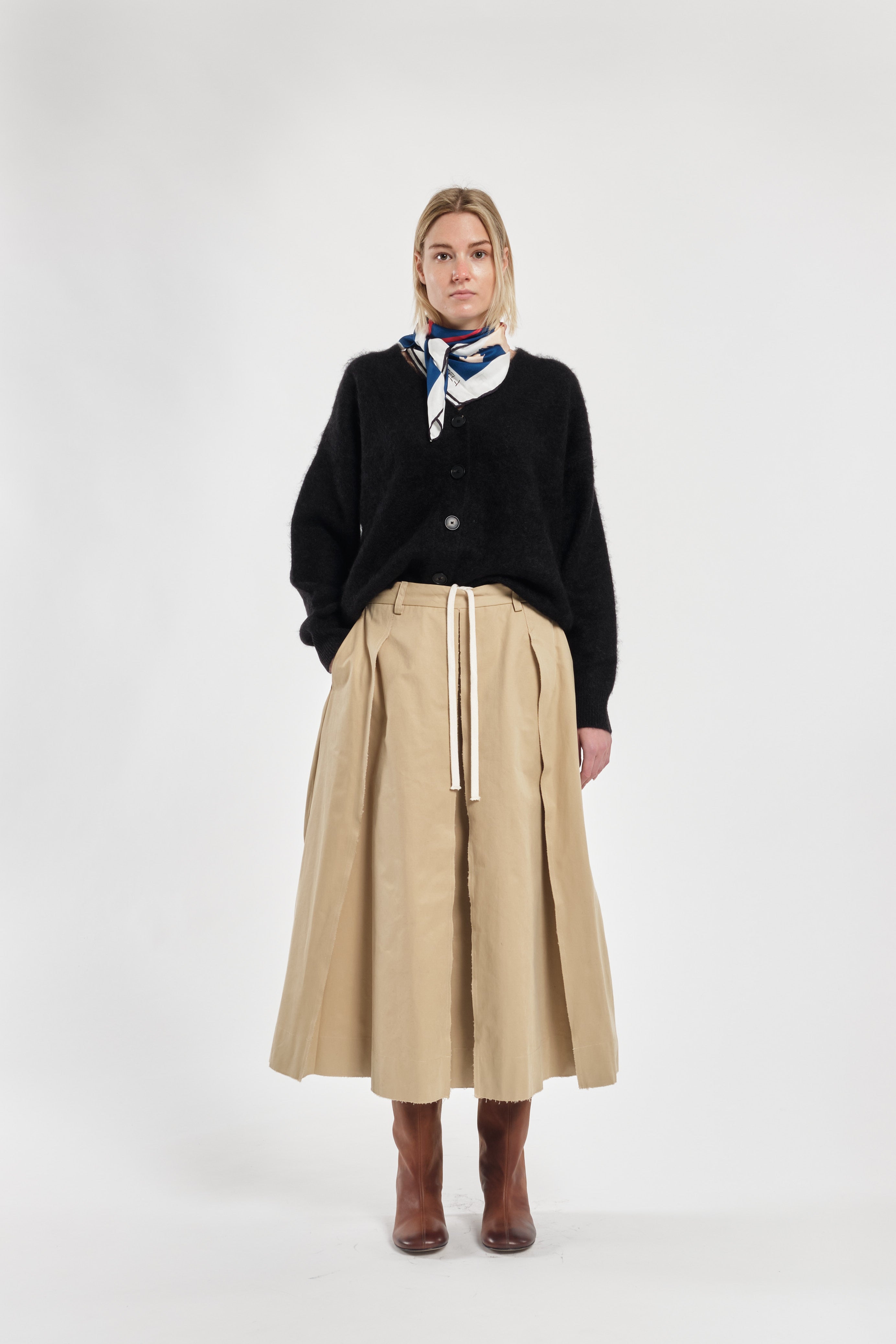 Beige Cotton Pleated Midi Skirt