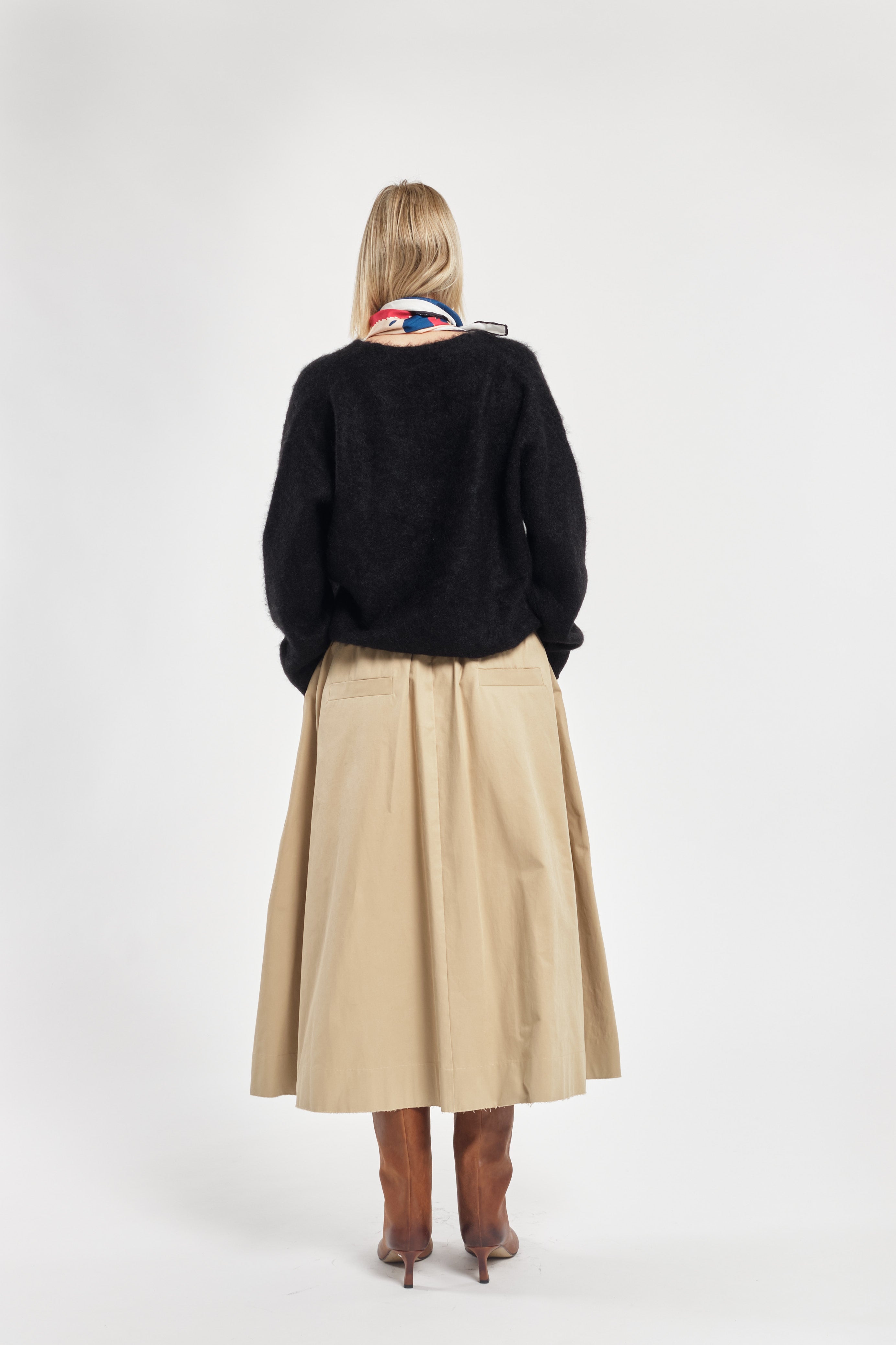 Beige Cotton Pleated Midi Skirt