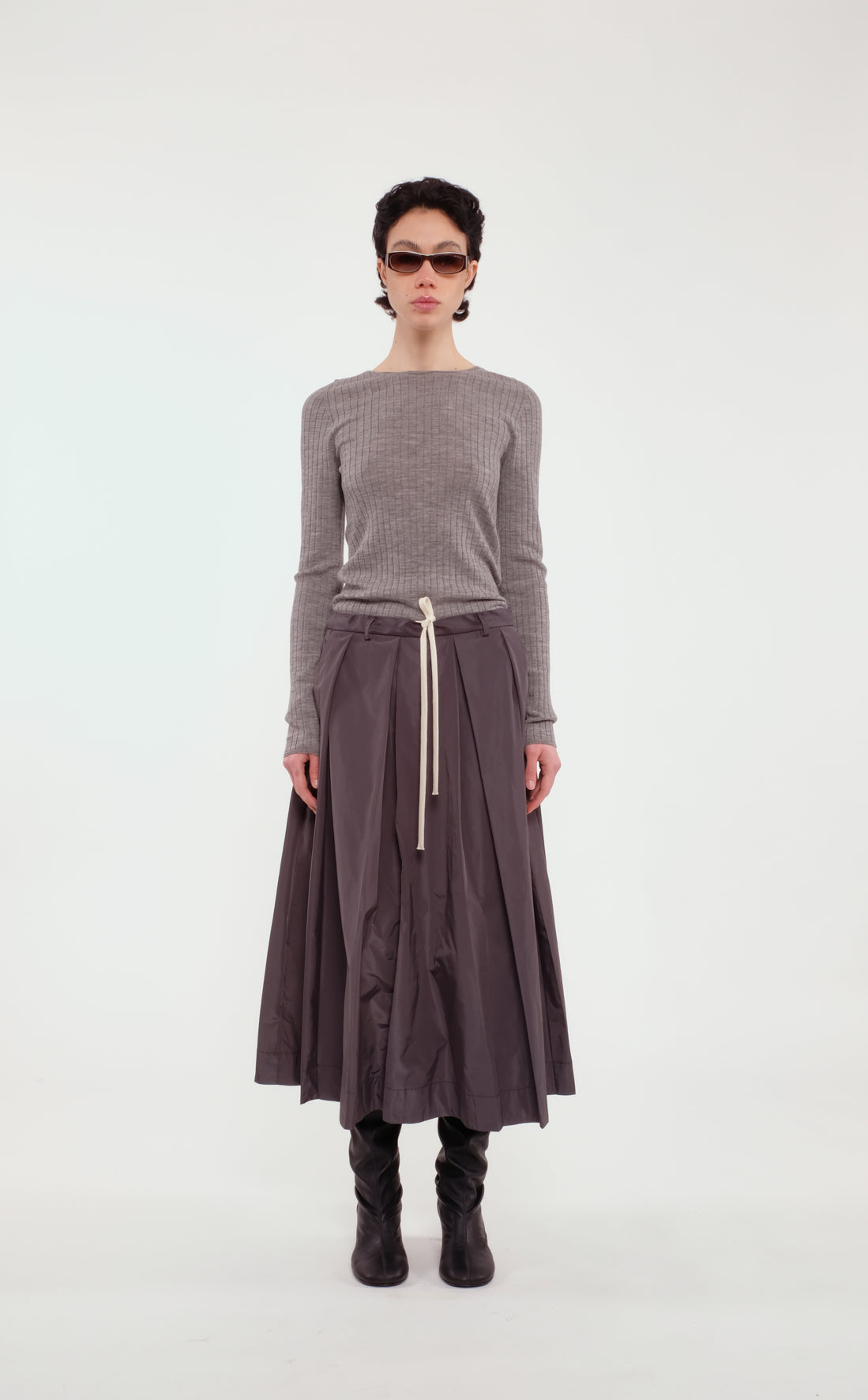 Long Full Skirt In Charcoal Taffeta