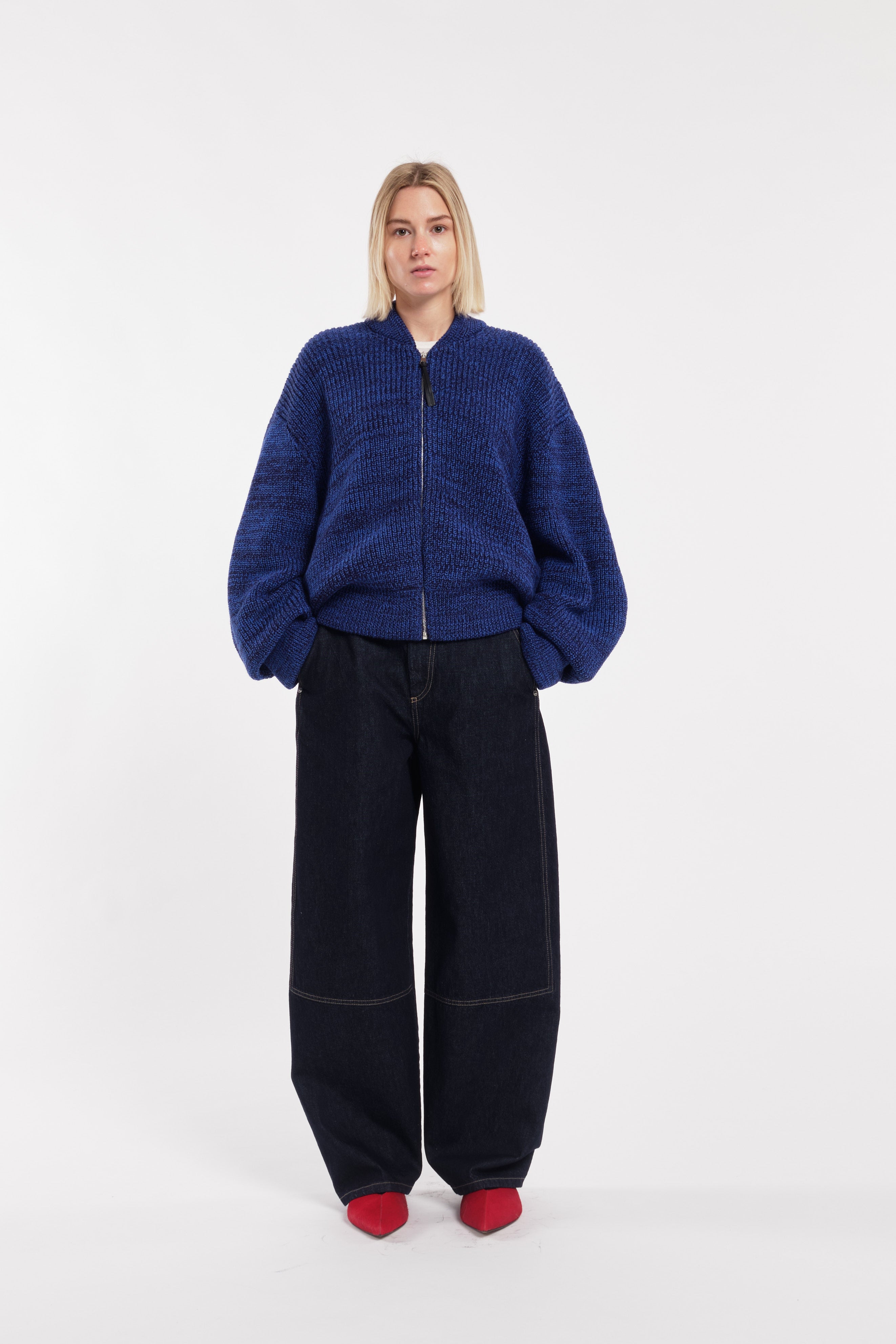 Dark Blue Barrel Wide-Leg Jeans With Contrast Stitching