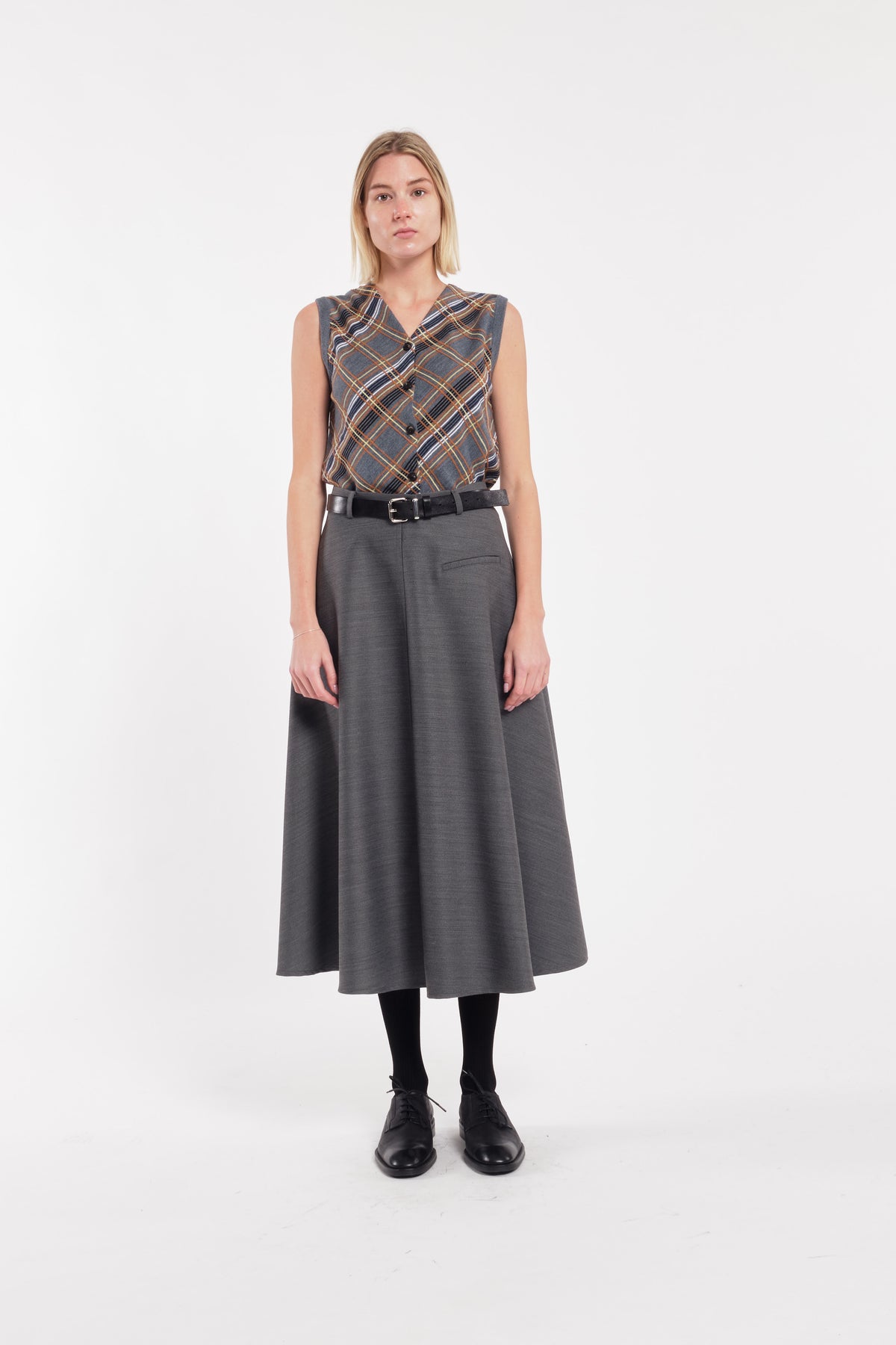 Grey Checked Sleeveless Cardigan Vest With Front Buttons