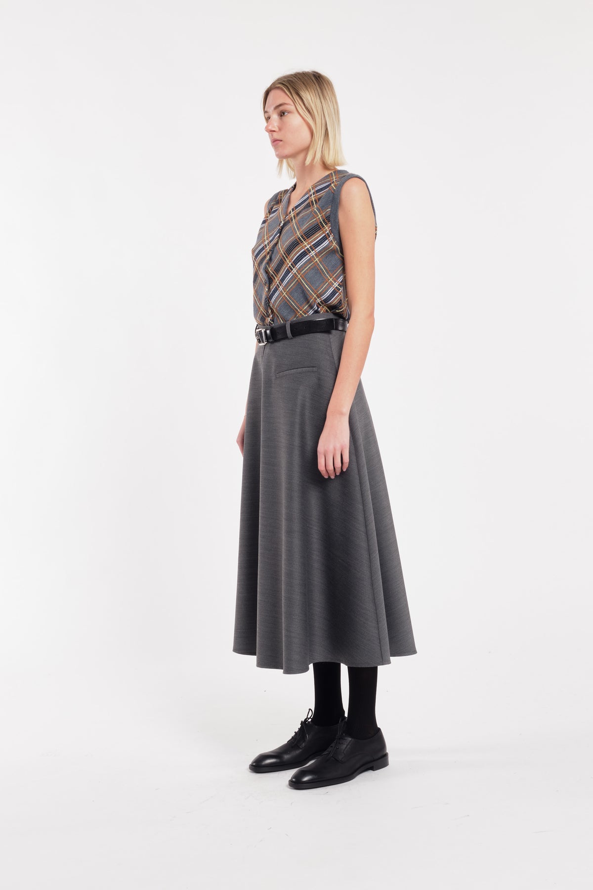 Grey Checked Sleeveless Cardigan Vest With Front Buttons