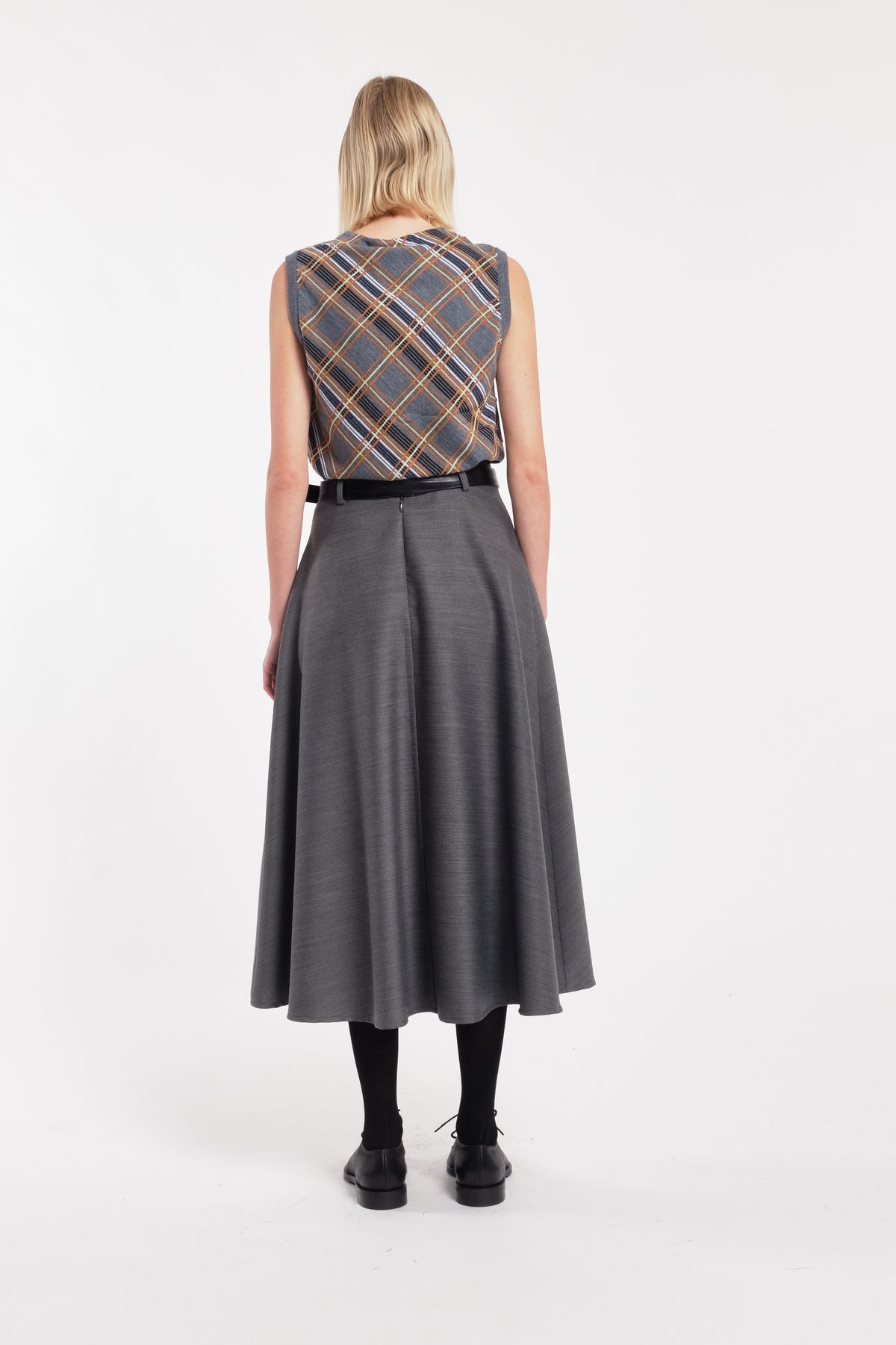 Grey Checked Sleeveless Cardigan Vest With Front Buttons