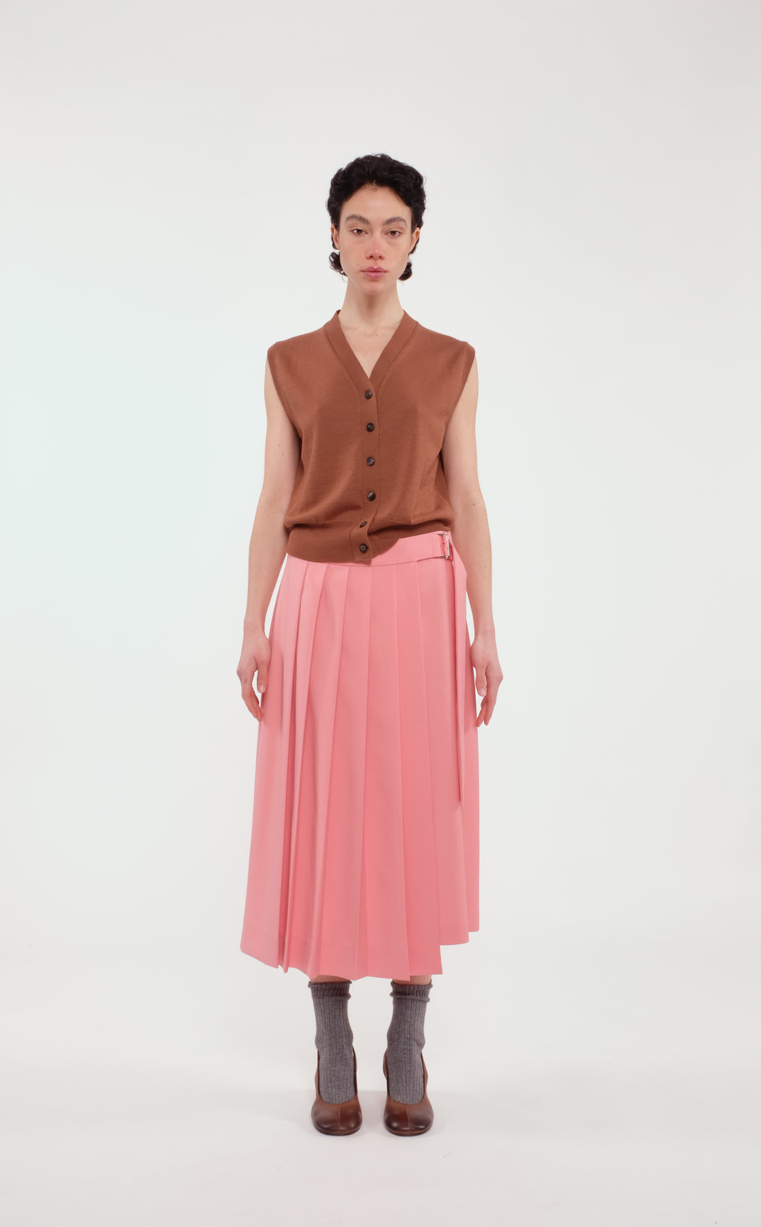Caramel Merino Wool Vest With Front Buttoning Closure And V-Neckline