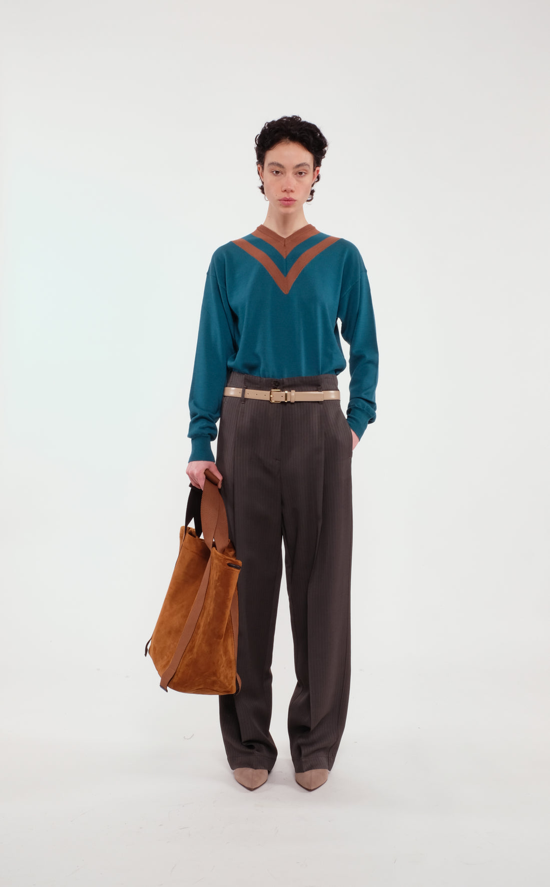 Two-Tone Patterned Merino Wool V-Neck Sweater