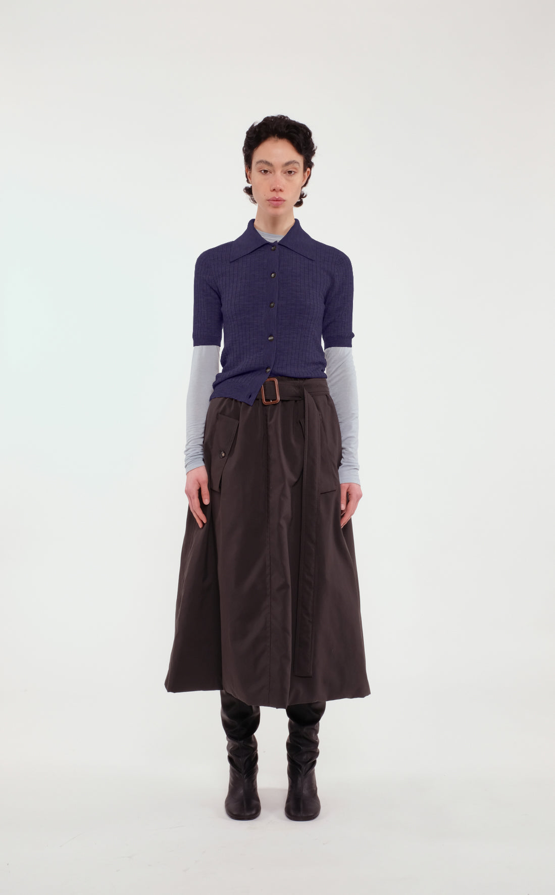 Aubergine Ribbed Merino Wool Polo Shirt With Front Button Closure