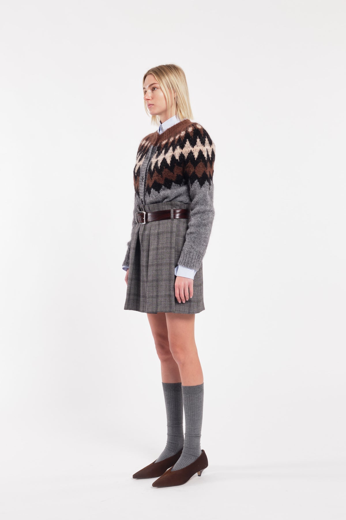 Grey Wool Blend Patterned Cardigan With Buttons
