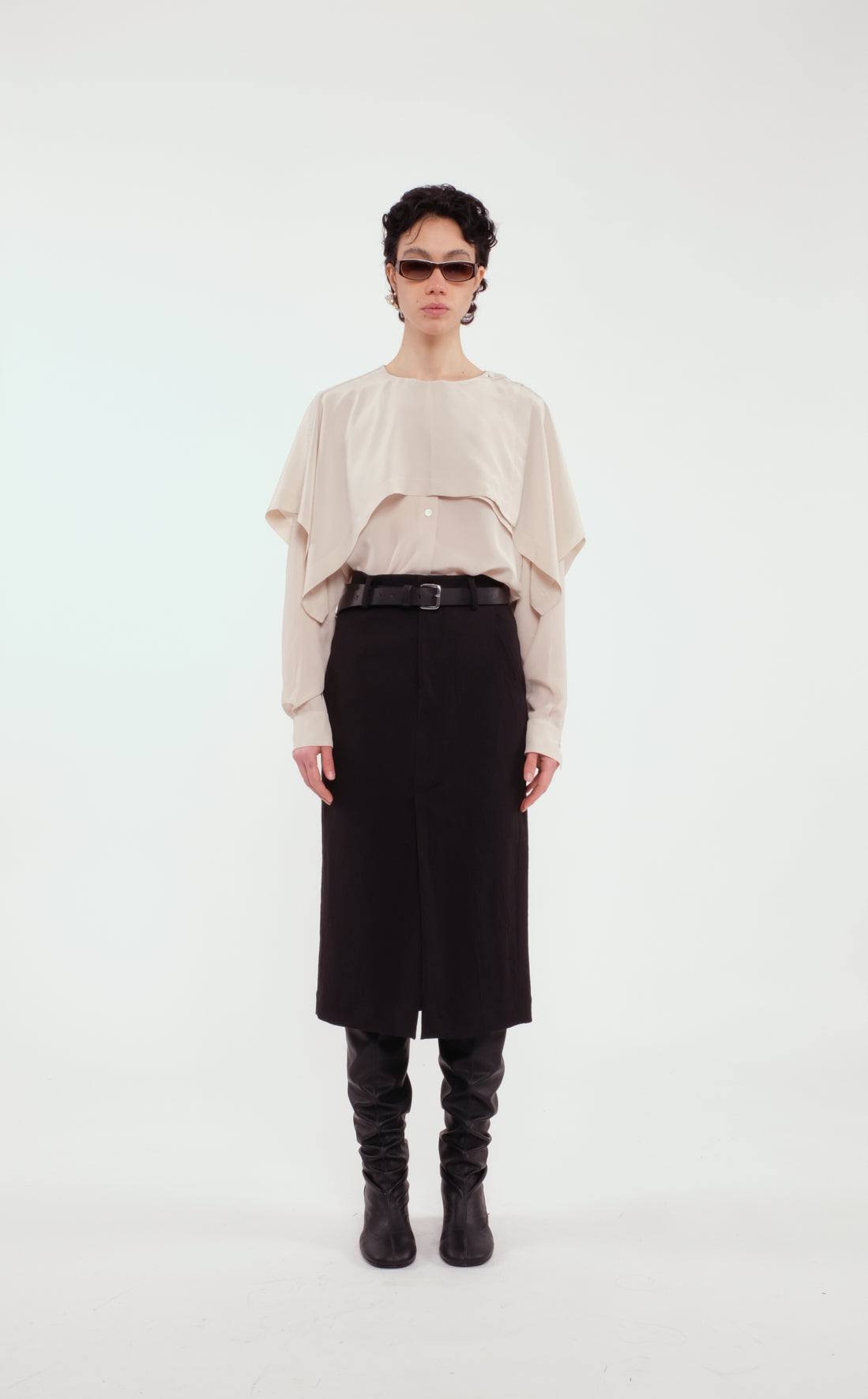 Fluid Chalk White Shirt With Layered Cape Detail