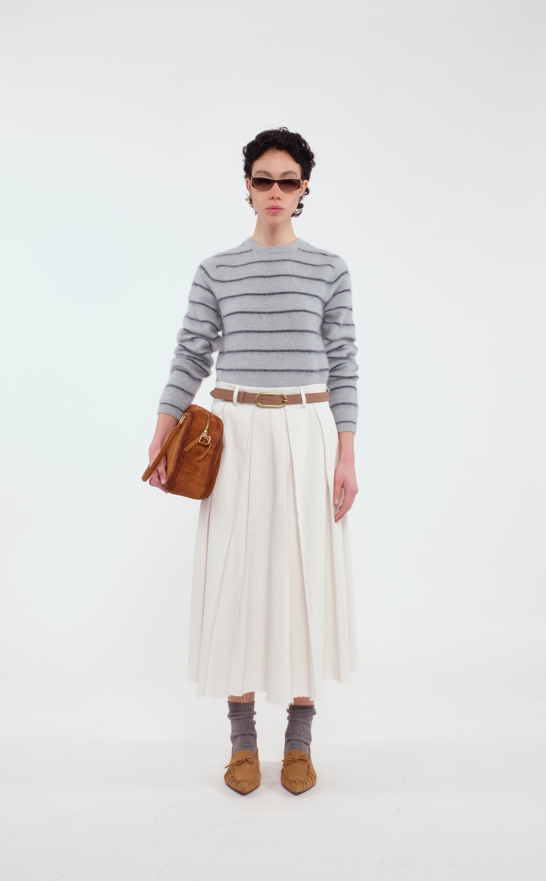 Light Blue Striped Long-Sleeve Sweater In Stretch Alpaca Wool