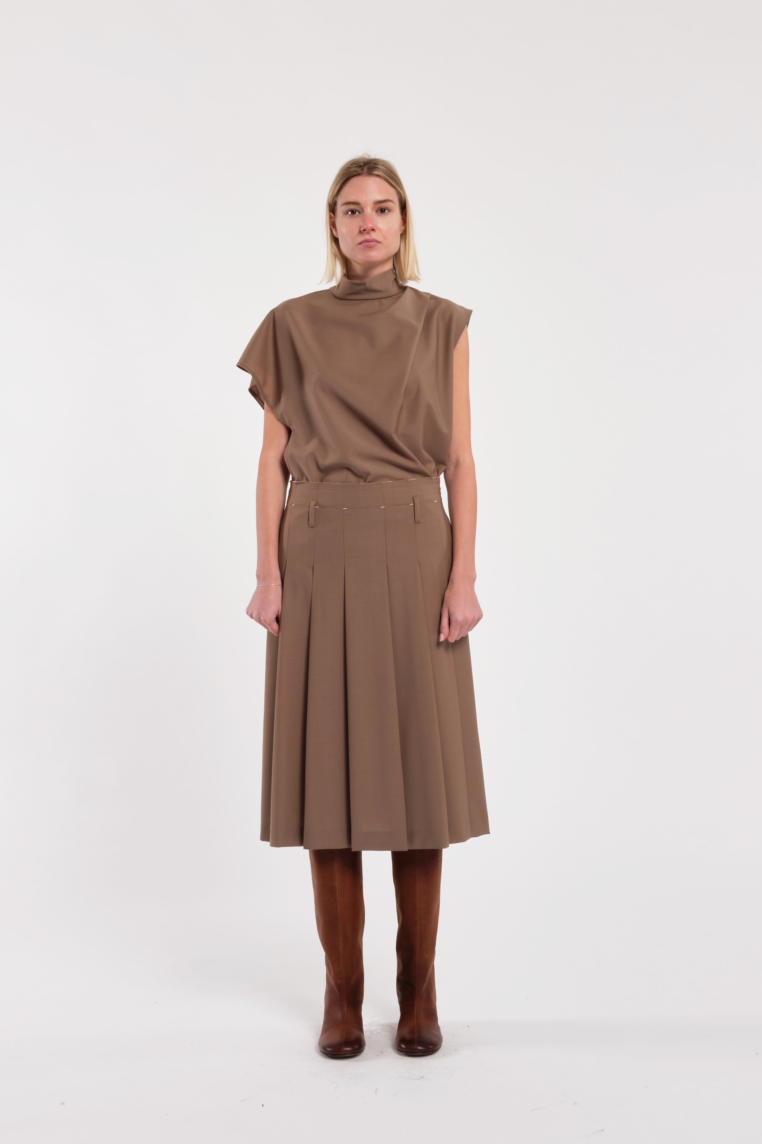 Beige Asymmetrical Short-Sleeve Shirt In Polyester And Wool Blend