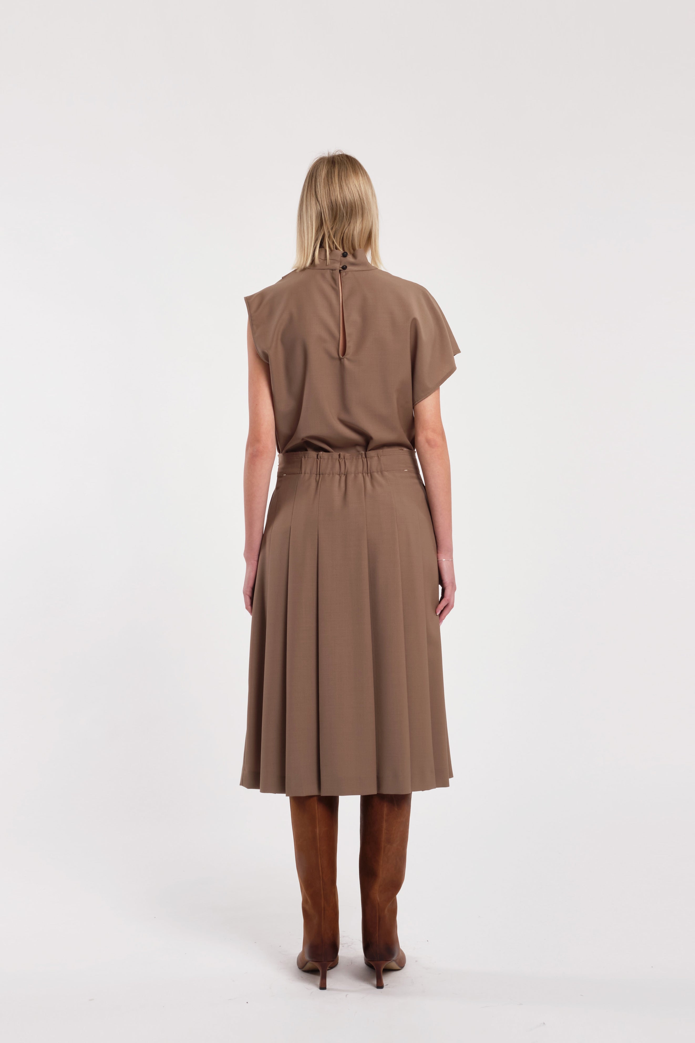 Beige Asymmetrical Short-Sleeve Shirt In Polyester And Wool Blend
