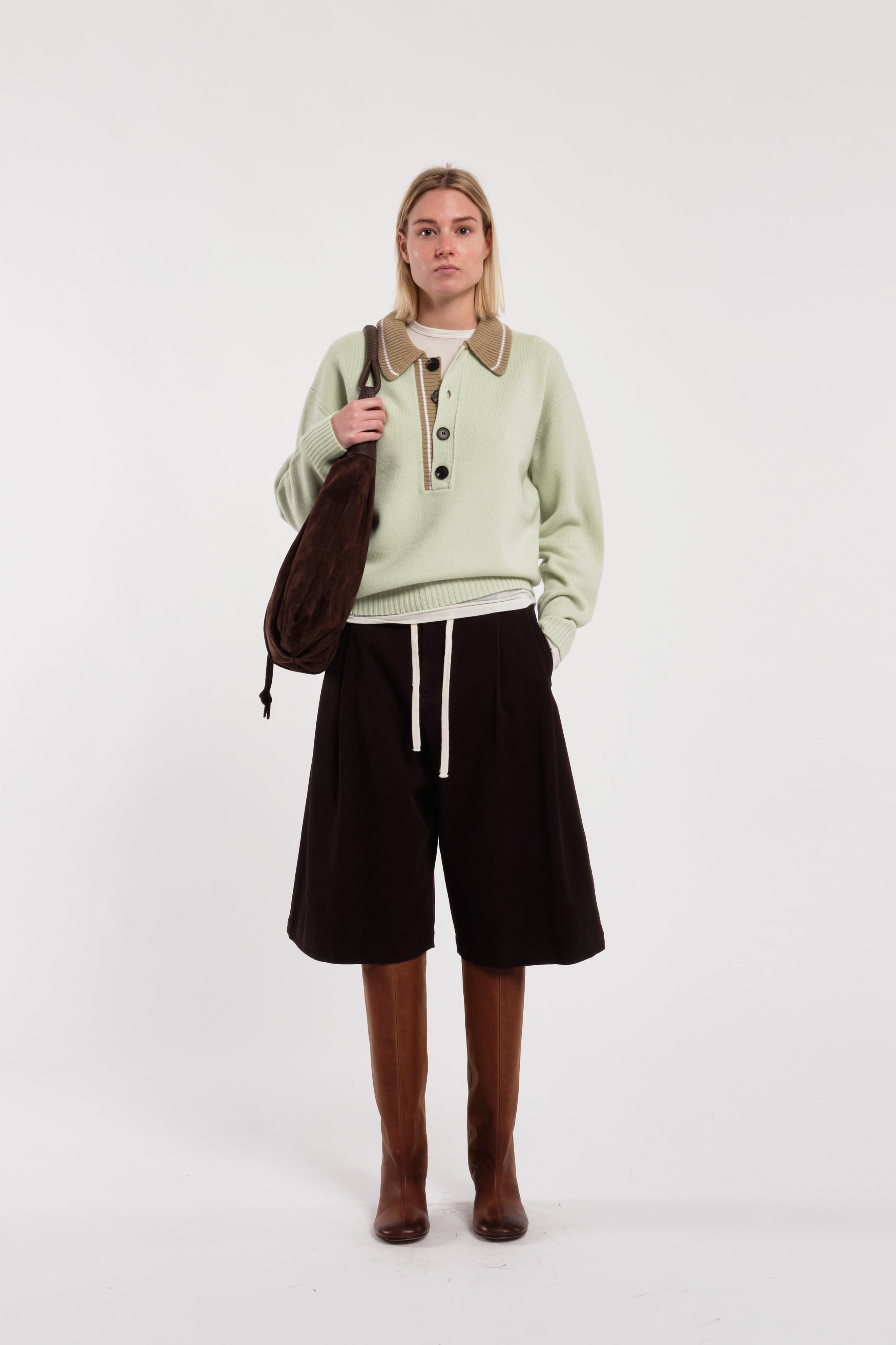 Mint Green Long-Sleeve Polo Sweater With Beige Contrast Collar And Buttons