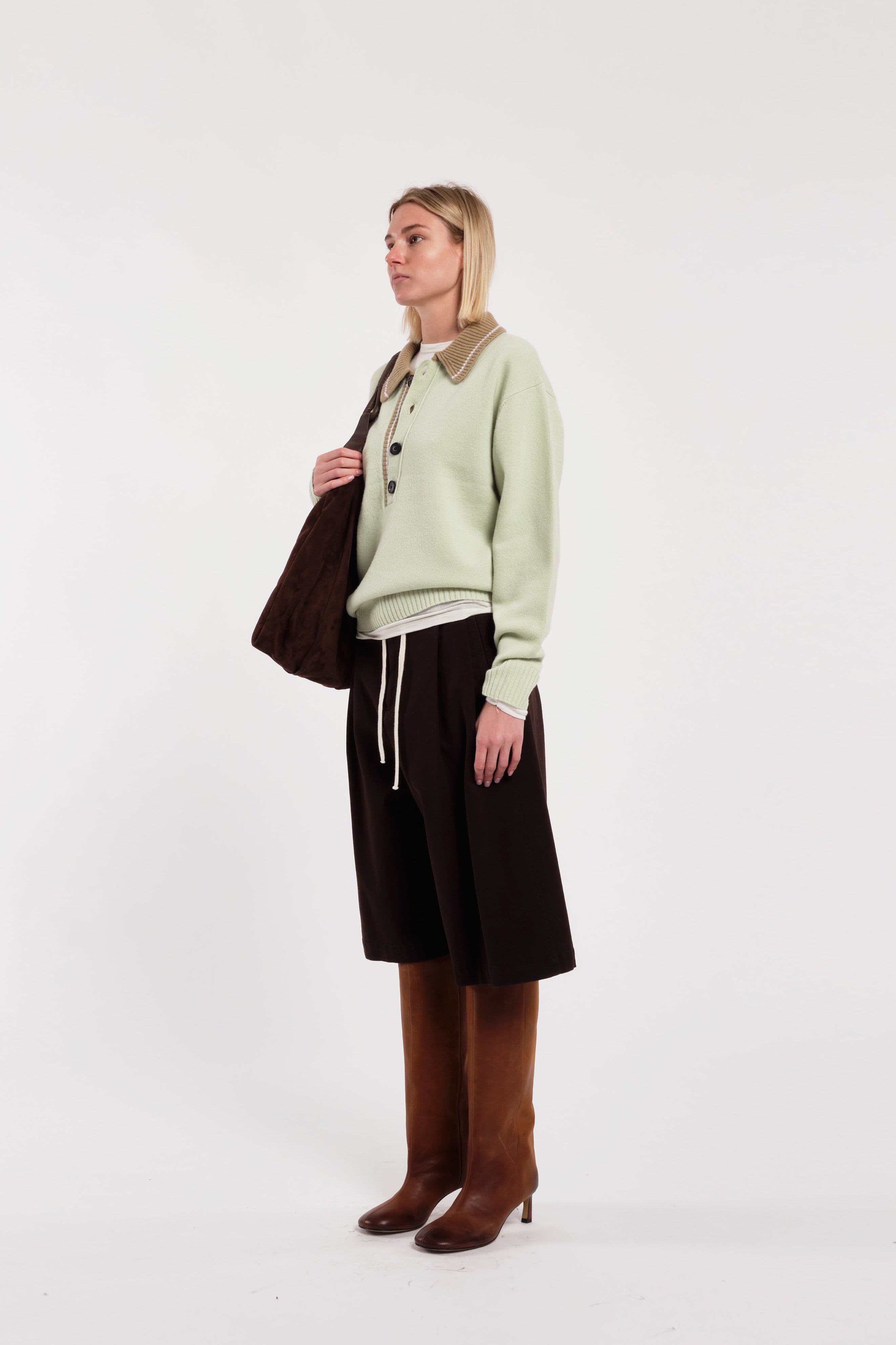 Mint Green Long-Sleeve Polo Sweater With Beige Contrast Collar And Buttons