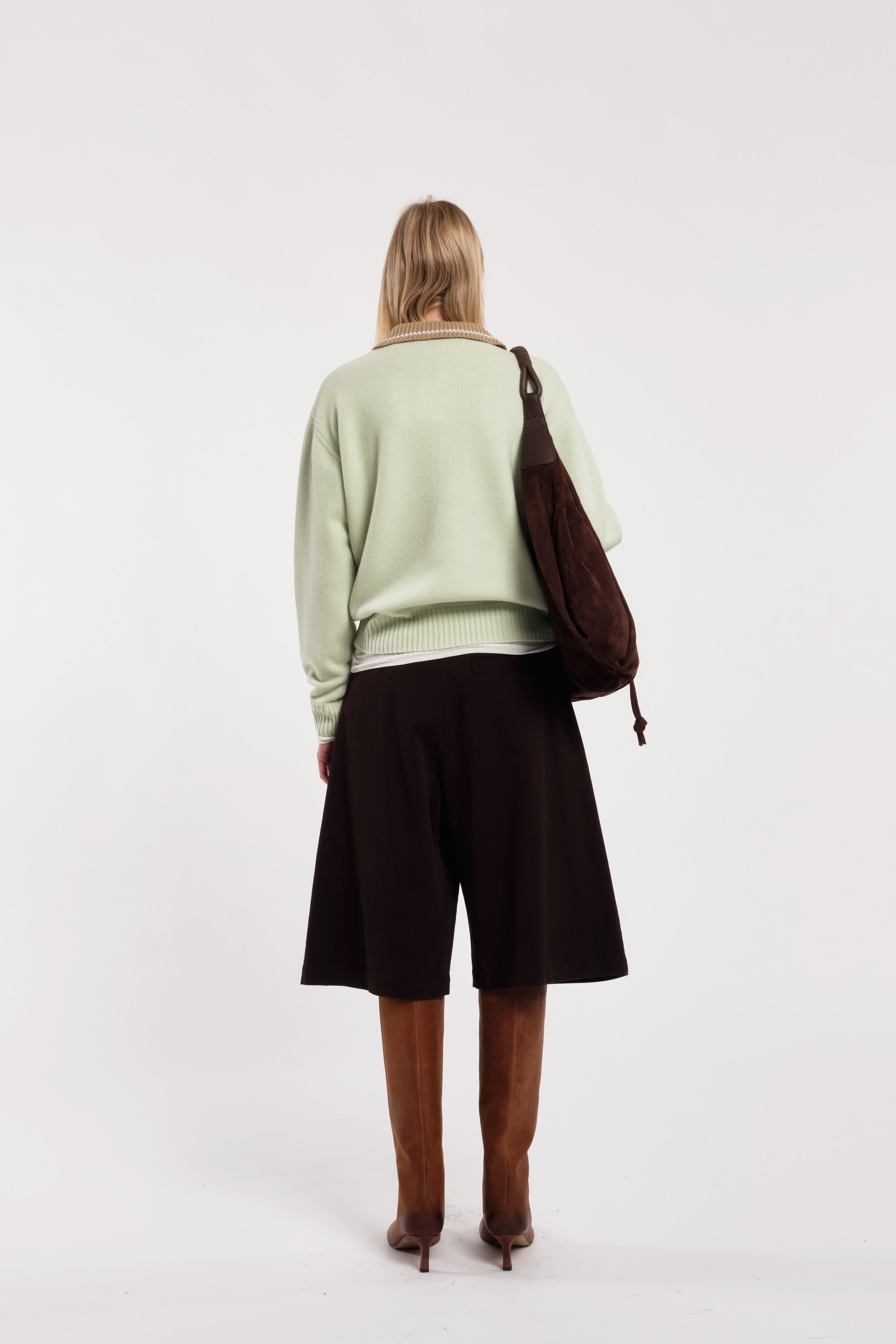 Mint Green Long-Sleeve Polo Sweater With Beige Contrast Collar And Buttons