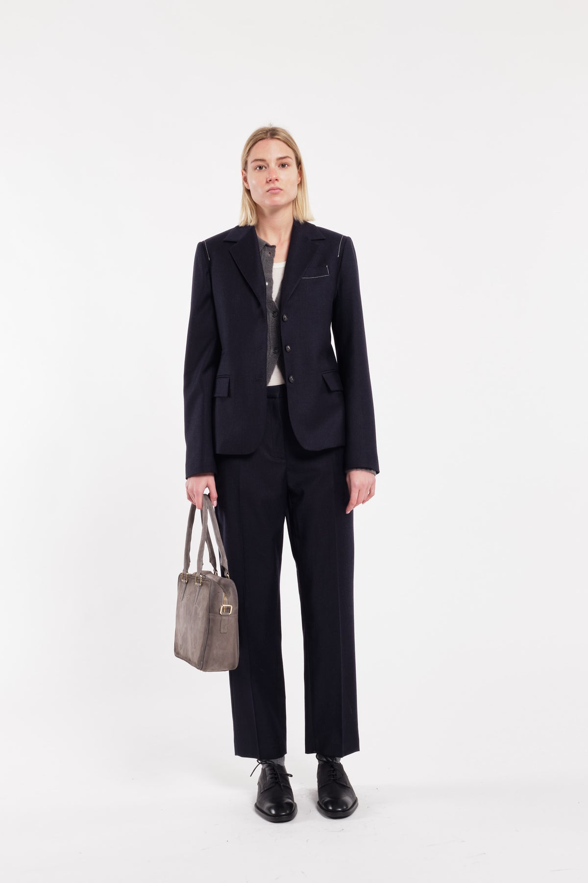Charcoal Ankle-Length Straight-Leg Flannel Trousers