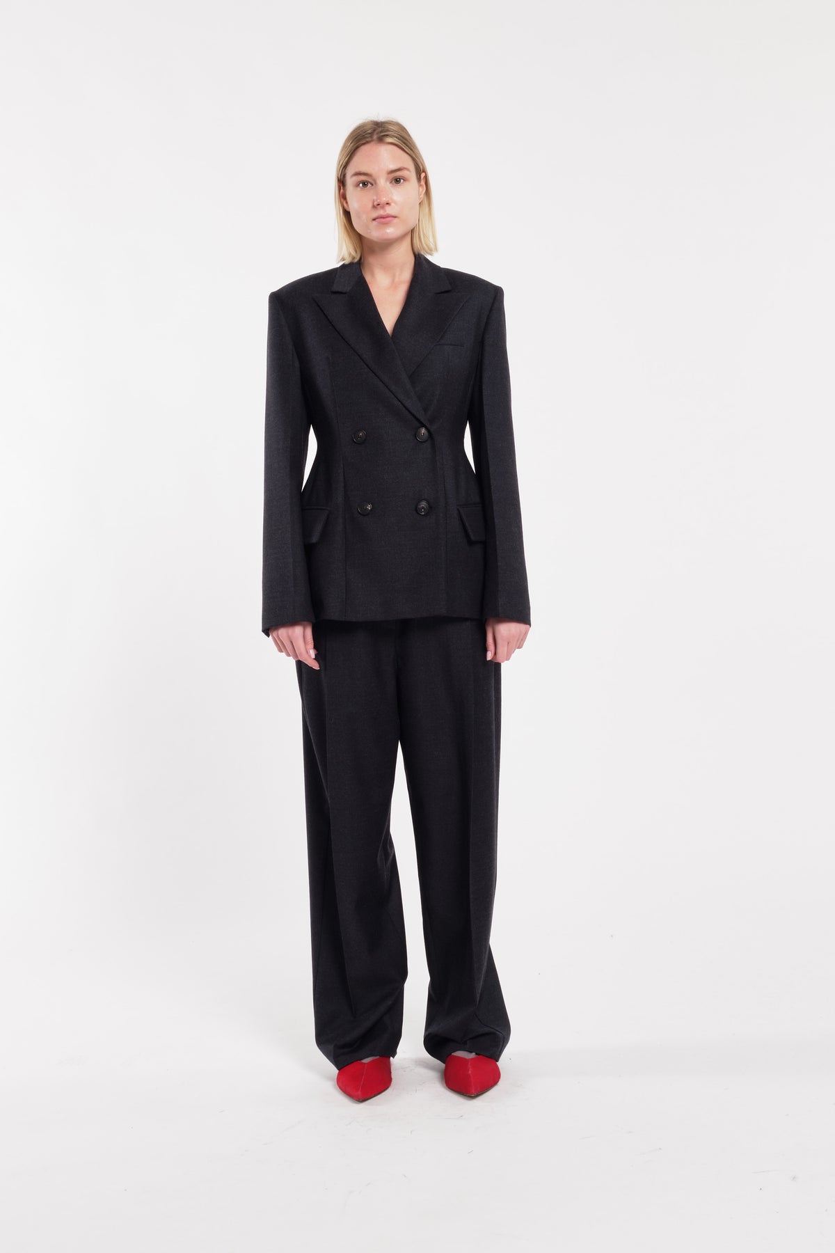 Charcoal Double-Breasted Flannel Blazer With Fitted Waist