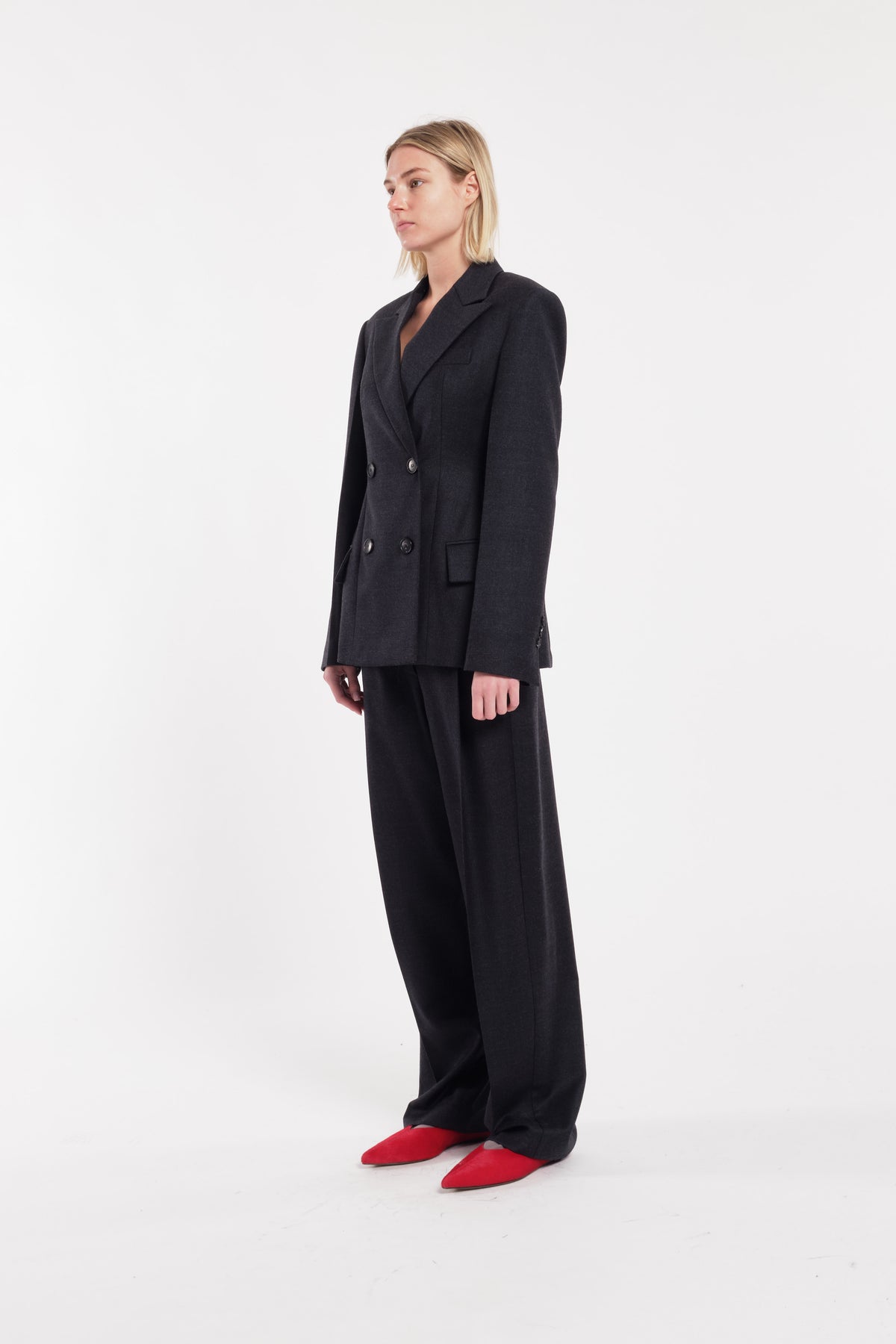 Charcoal Double-Breasted Flannel Blazer With Fitted Waist