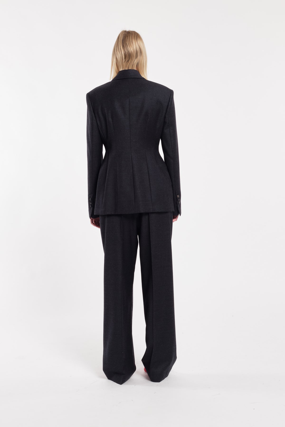 Charcoal Double-Breasted Flannel Blazer With Fitted Waist
