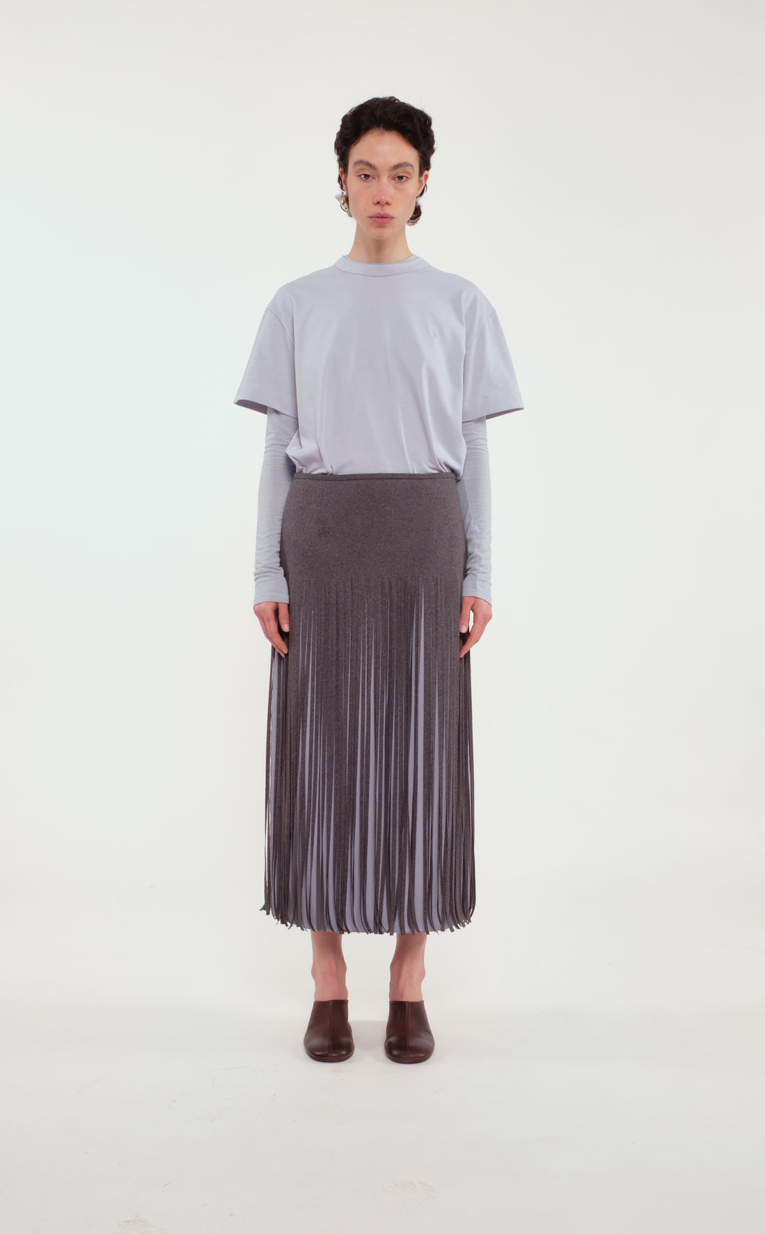 Grey Raw Edge Fringed Skirt