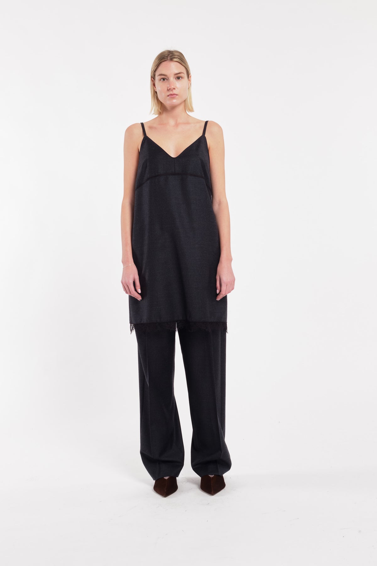 Charcoal Flannel Slip Dress With Lace Detail