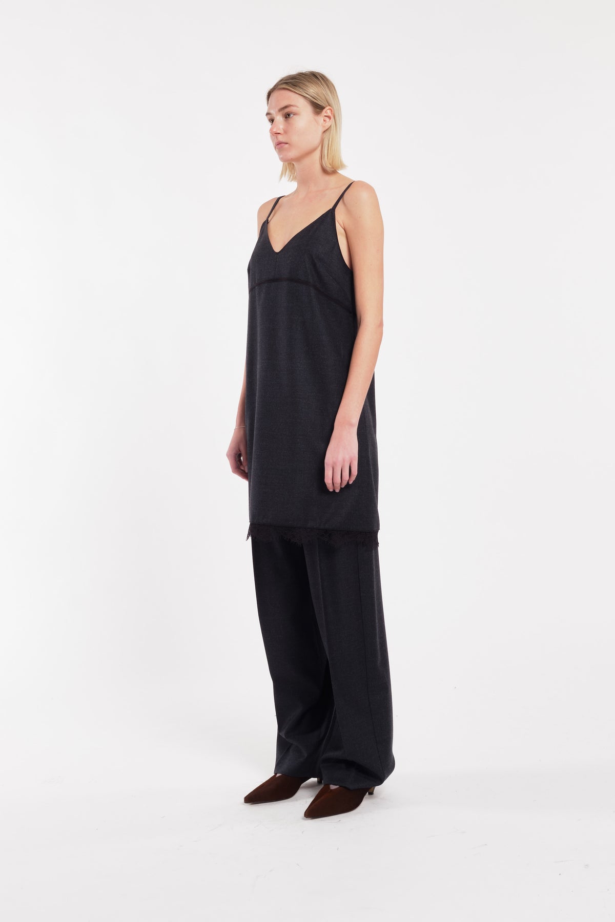 Charcoal Flannel Slip Dress With Lace Detail