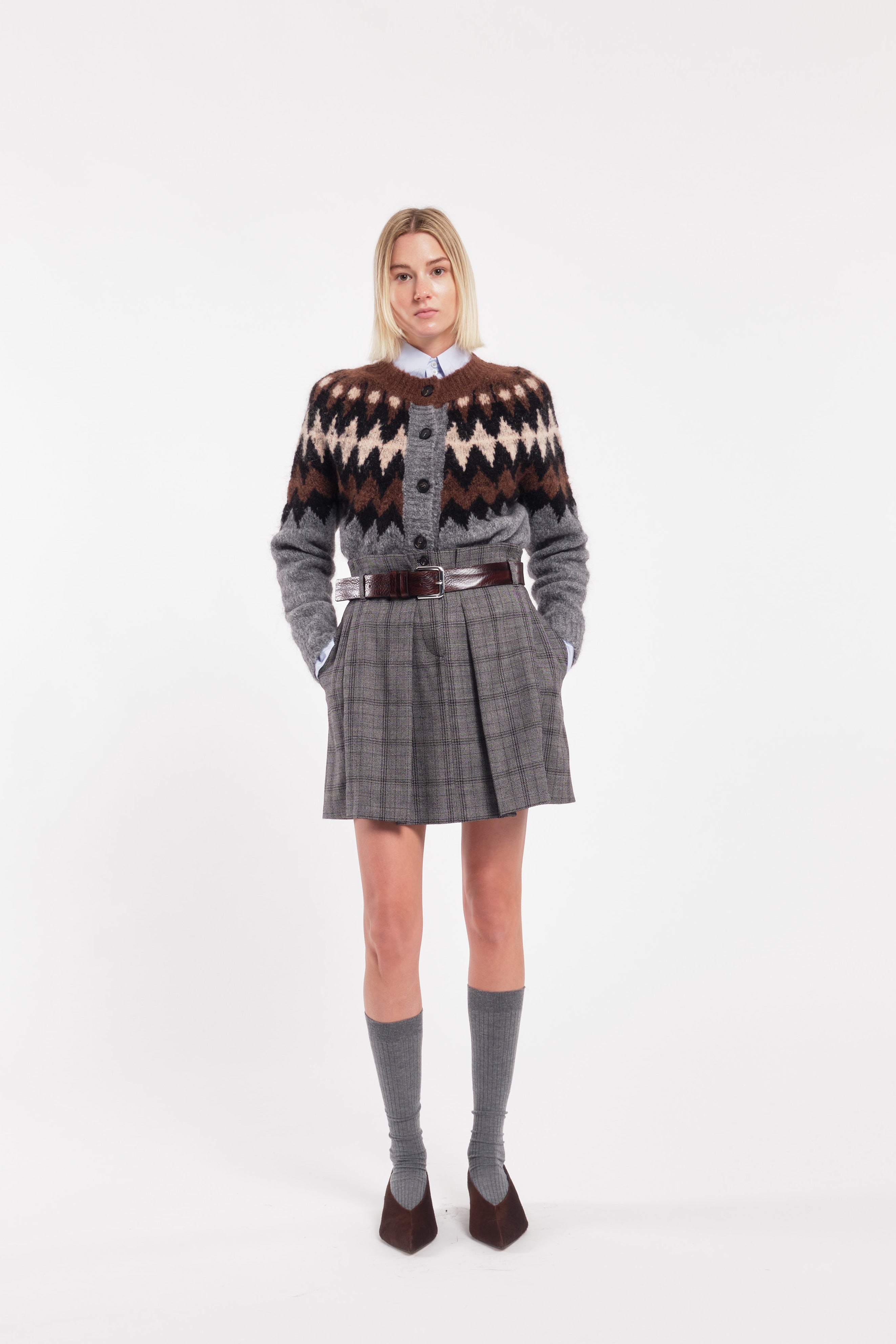 Checked Wool Pleated Mini Skirt With Fitted Waist