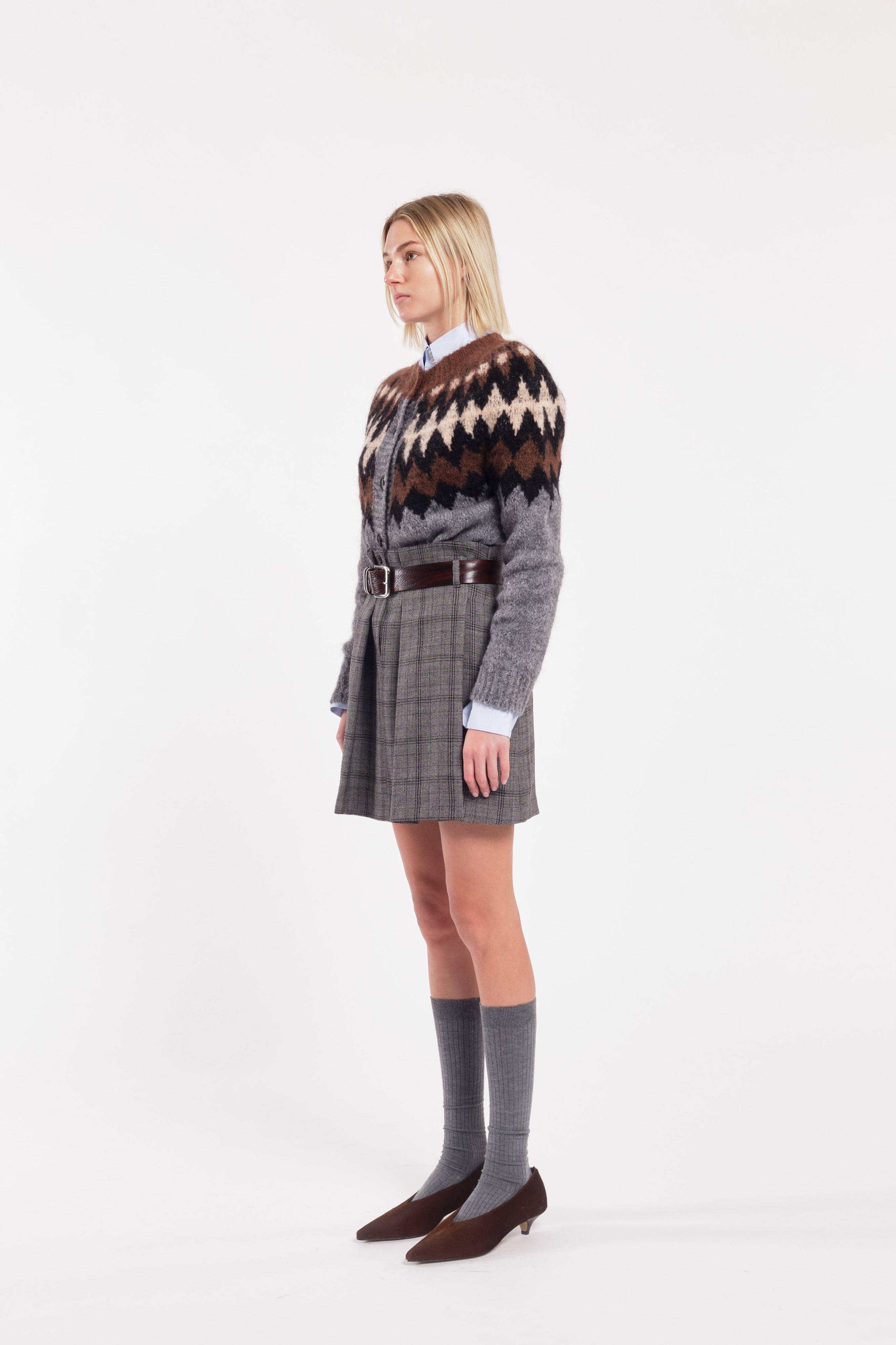 Checked Wool Pleated Mini Skirt With Fitted Waist