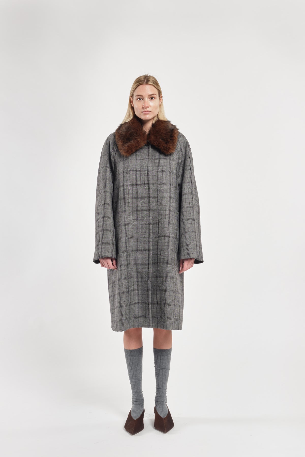 Long Checked Wool Coat With Fur Collar