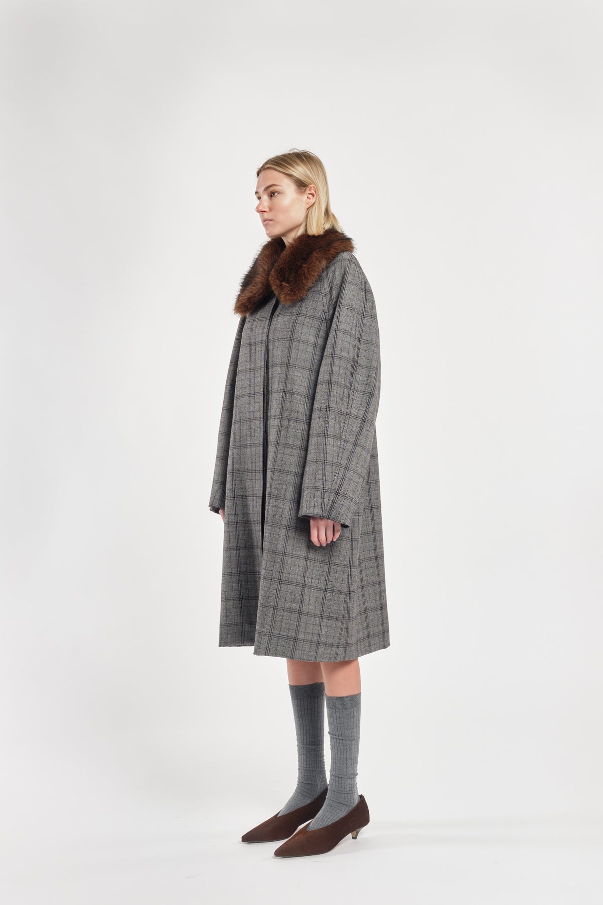 Long Checked Wool Coat With Fur Collar
