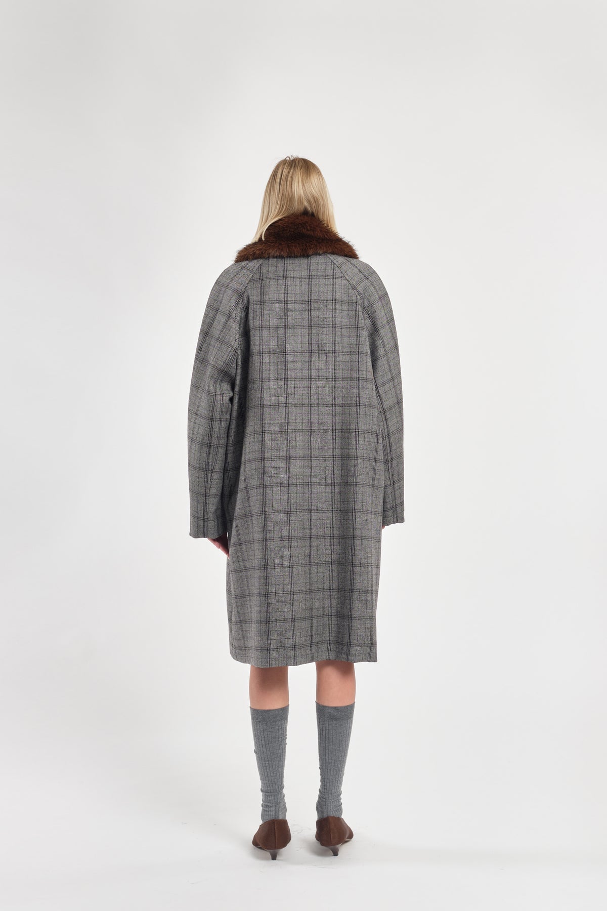 Long Checked Wool Coat With Fur Collar