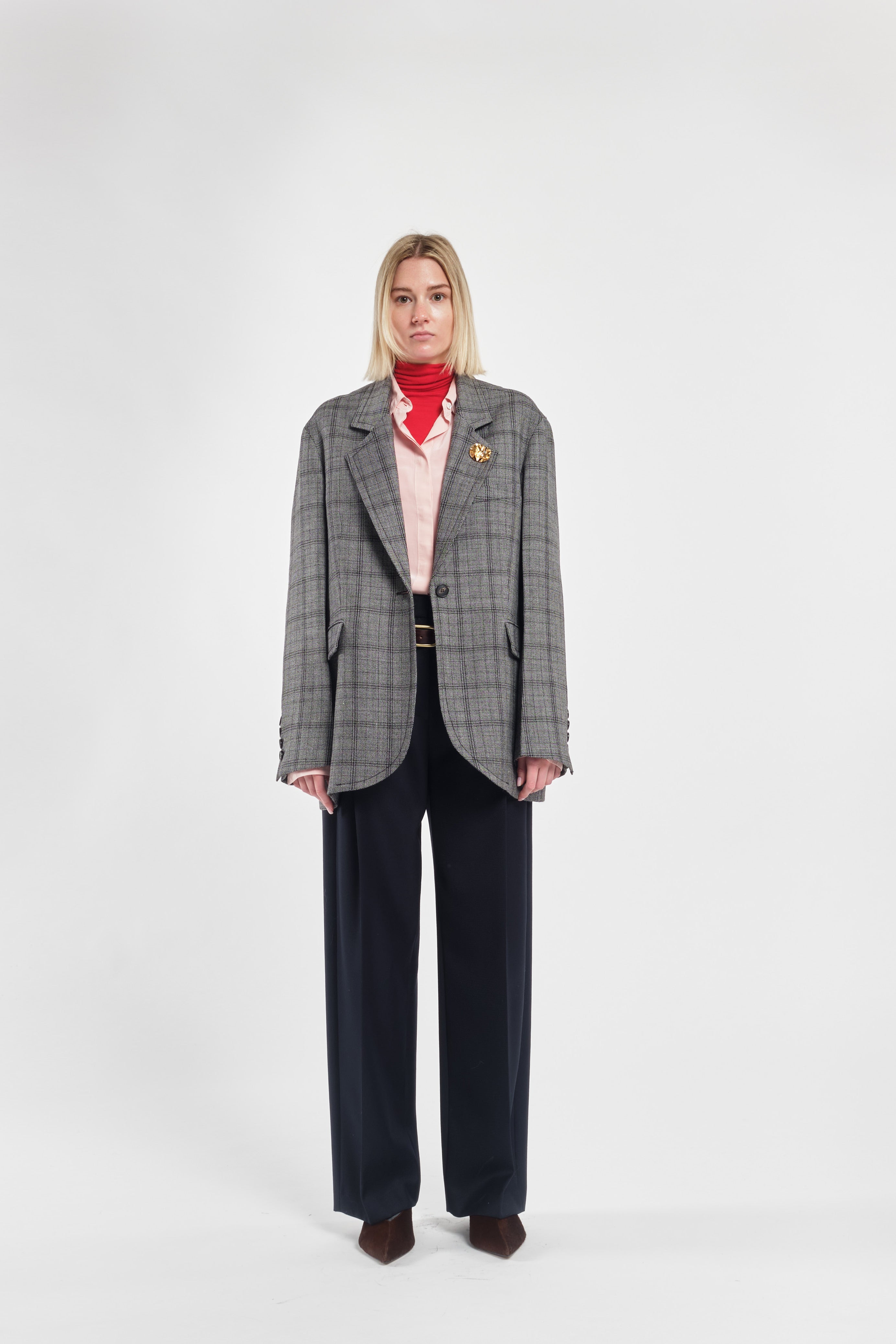 Single-Breasted Checked Wool Blazer With Gold Brooch Detail