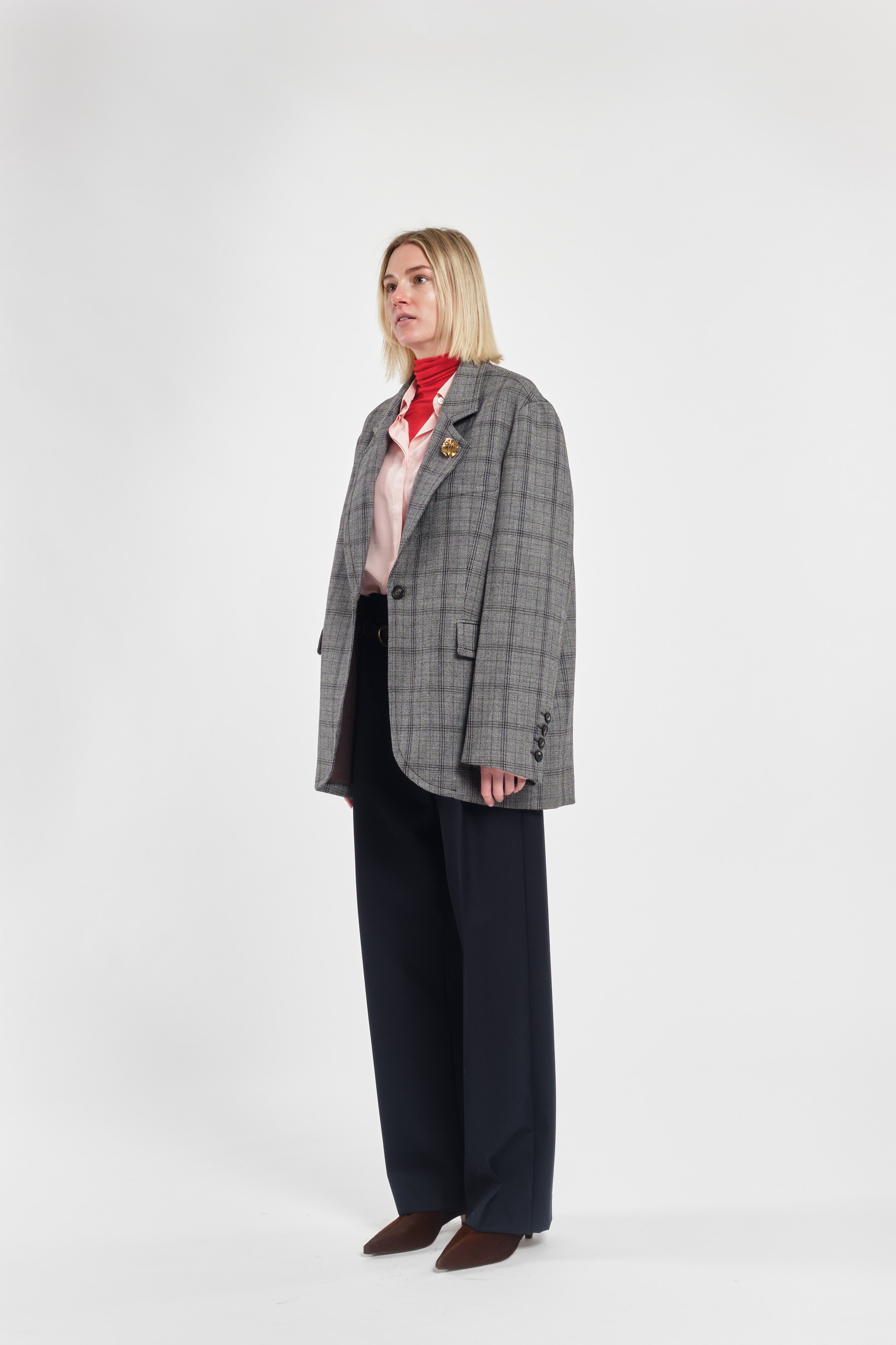 Single-Breasted Checked Wool Blazer With Gold Brooch Detail