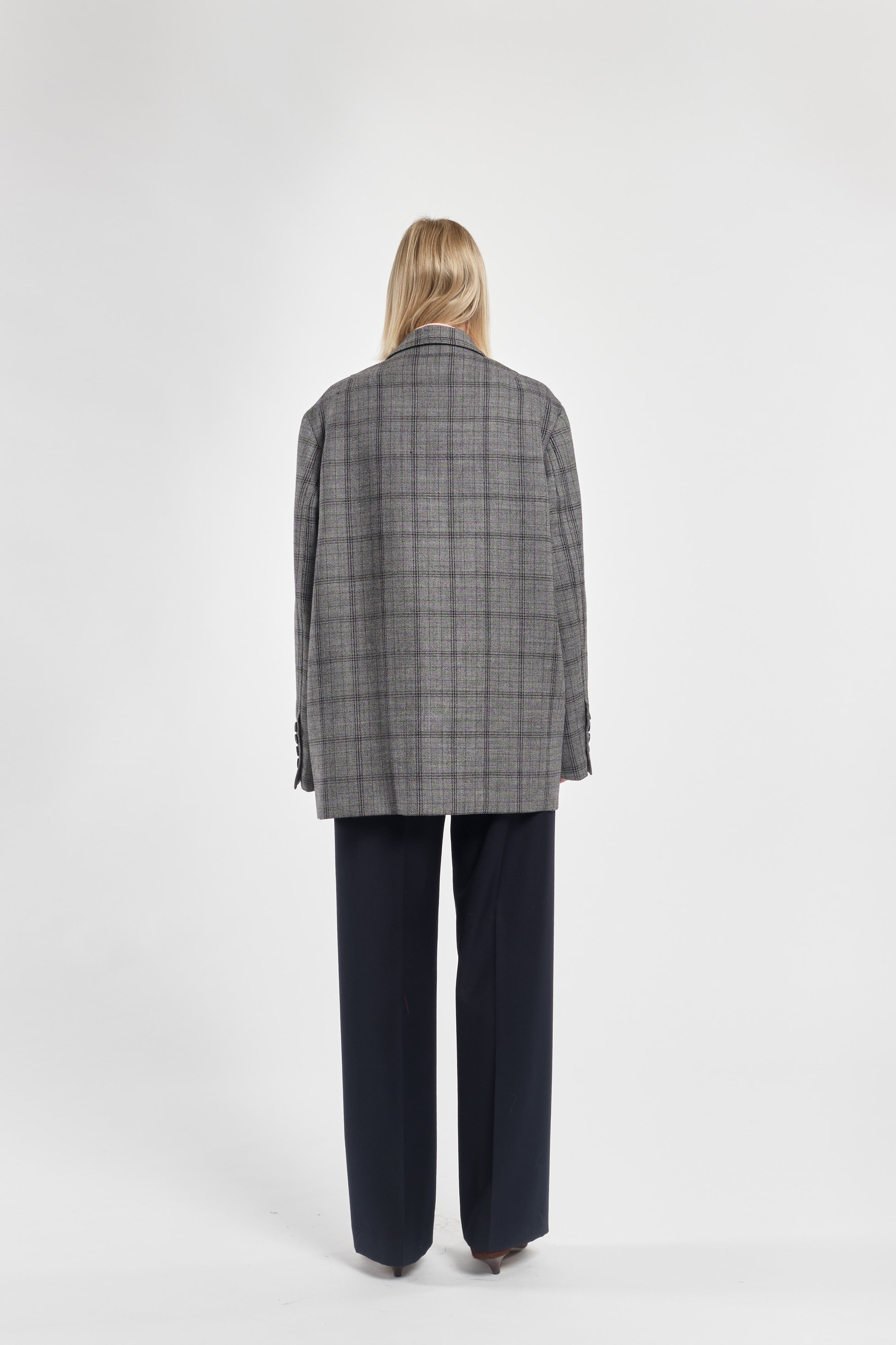 Single-Breasted Checked Wool Blazer With Gold Brooch Detail