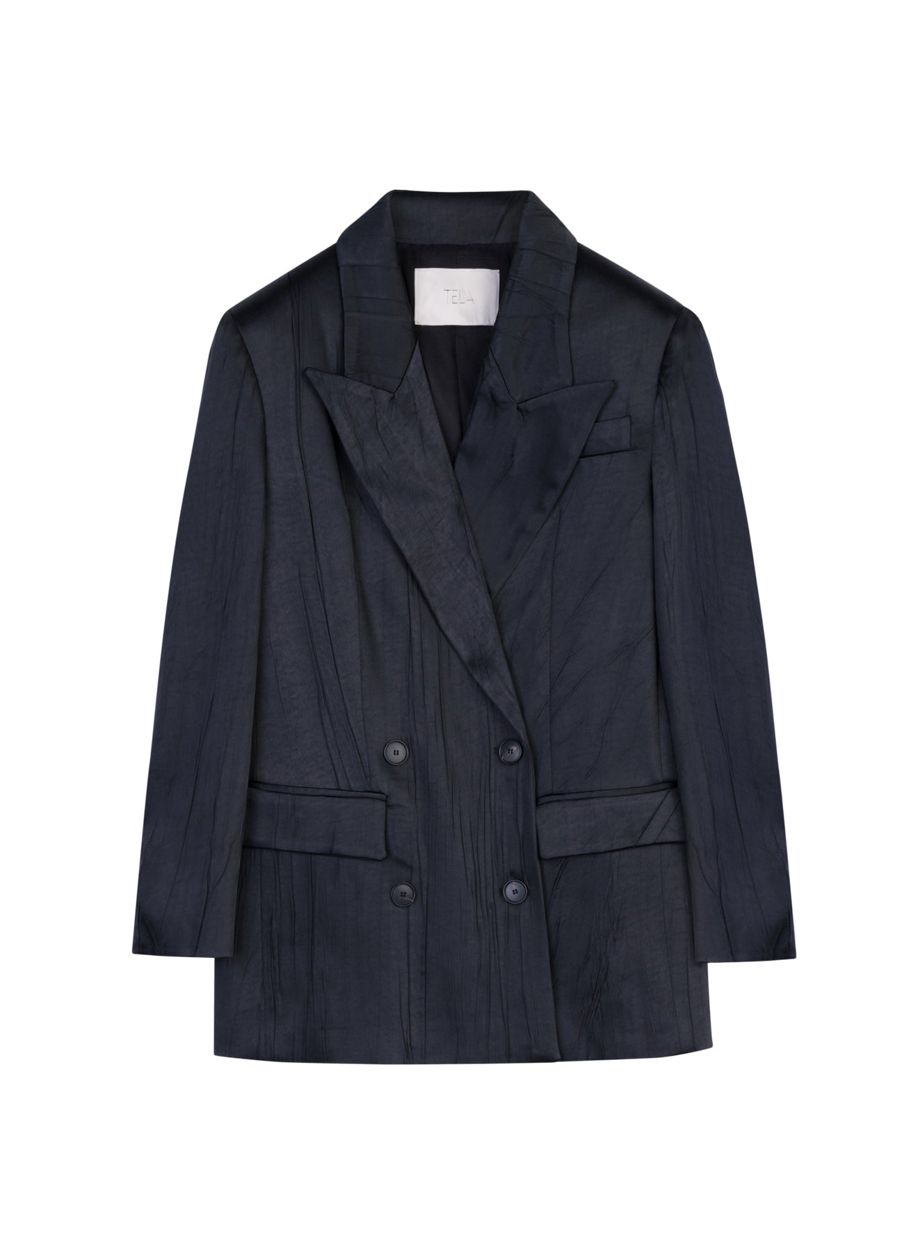 Black Crinkle Satin Double-Breasted Blazer Jacket