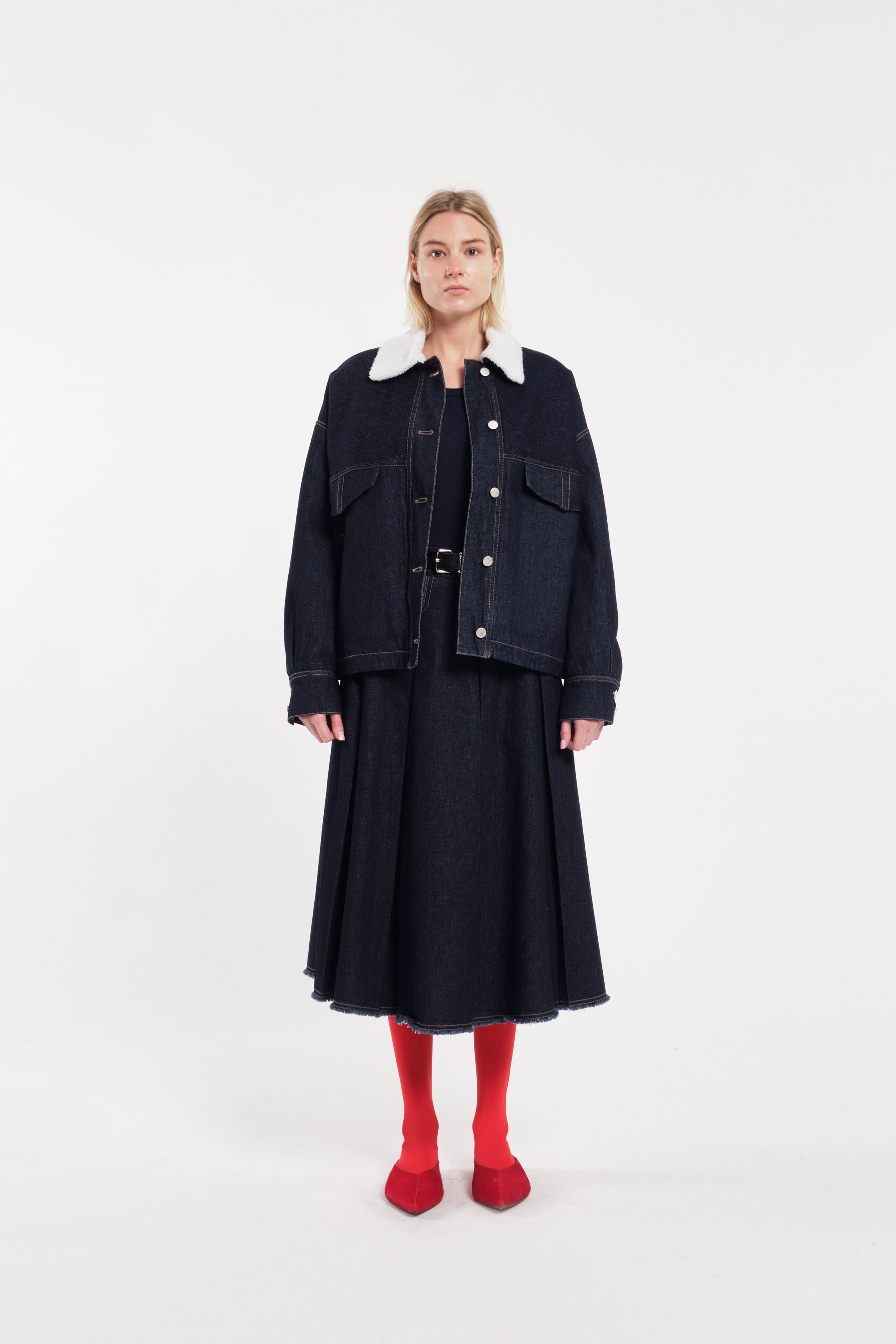 Dark Blue Denim Jacket With White Fur Collar